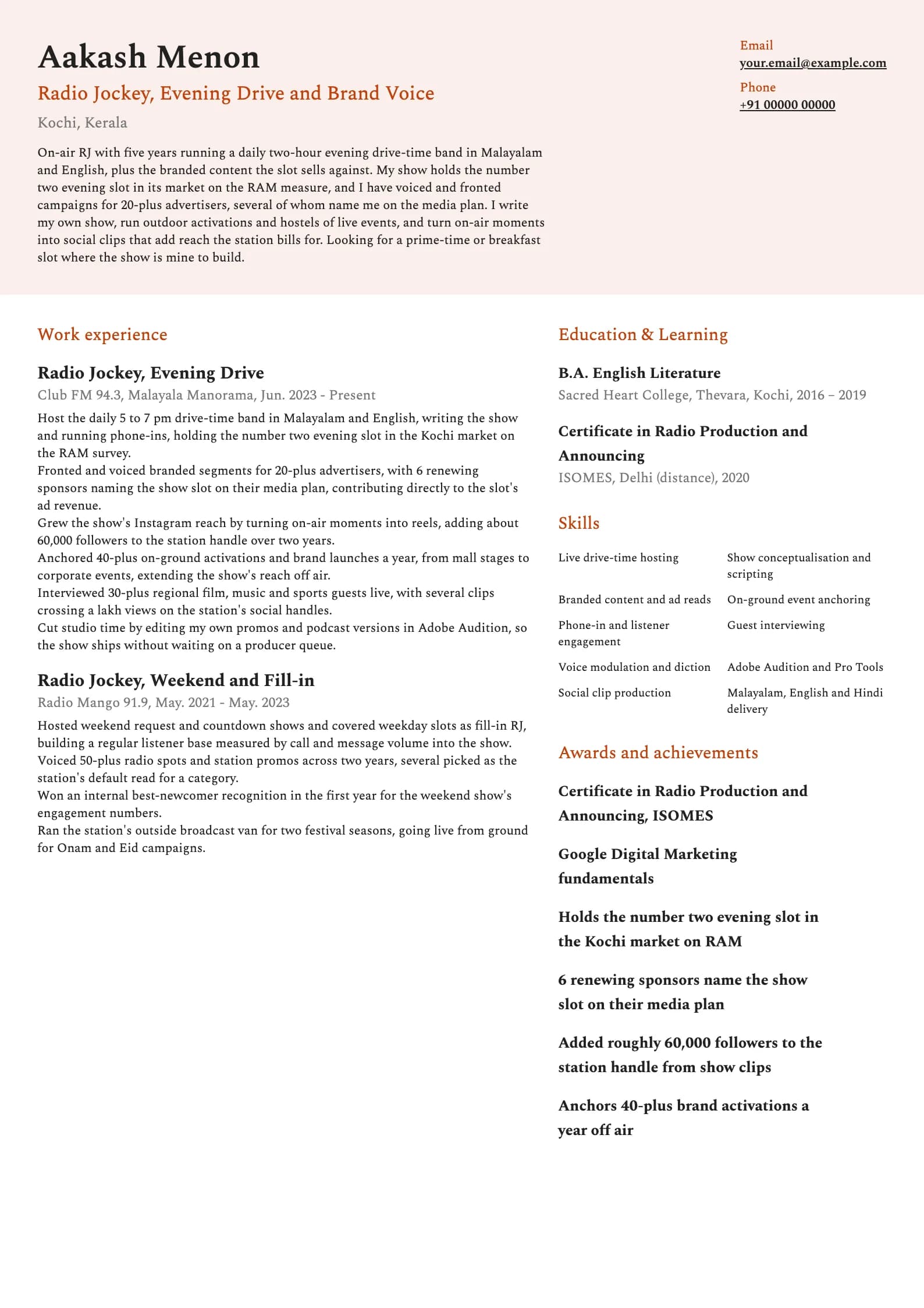Radio Jockey resume example for Station RJ (5 years), modern template, showing professional summary, work experience, skills, education and certifications