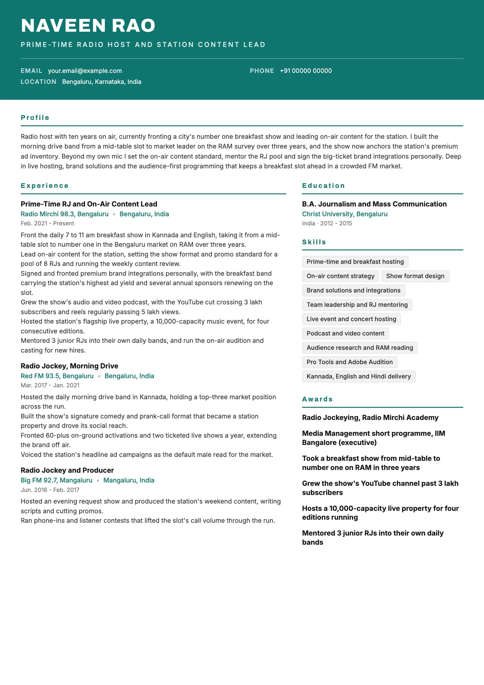 Radio Jockey resume example for Senior host (10 years), header-band template, showing professional summary, work experience, skills, education and certifications