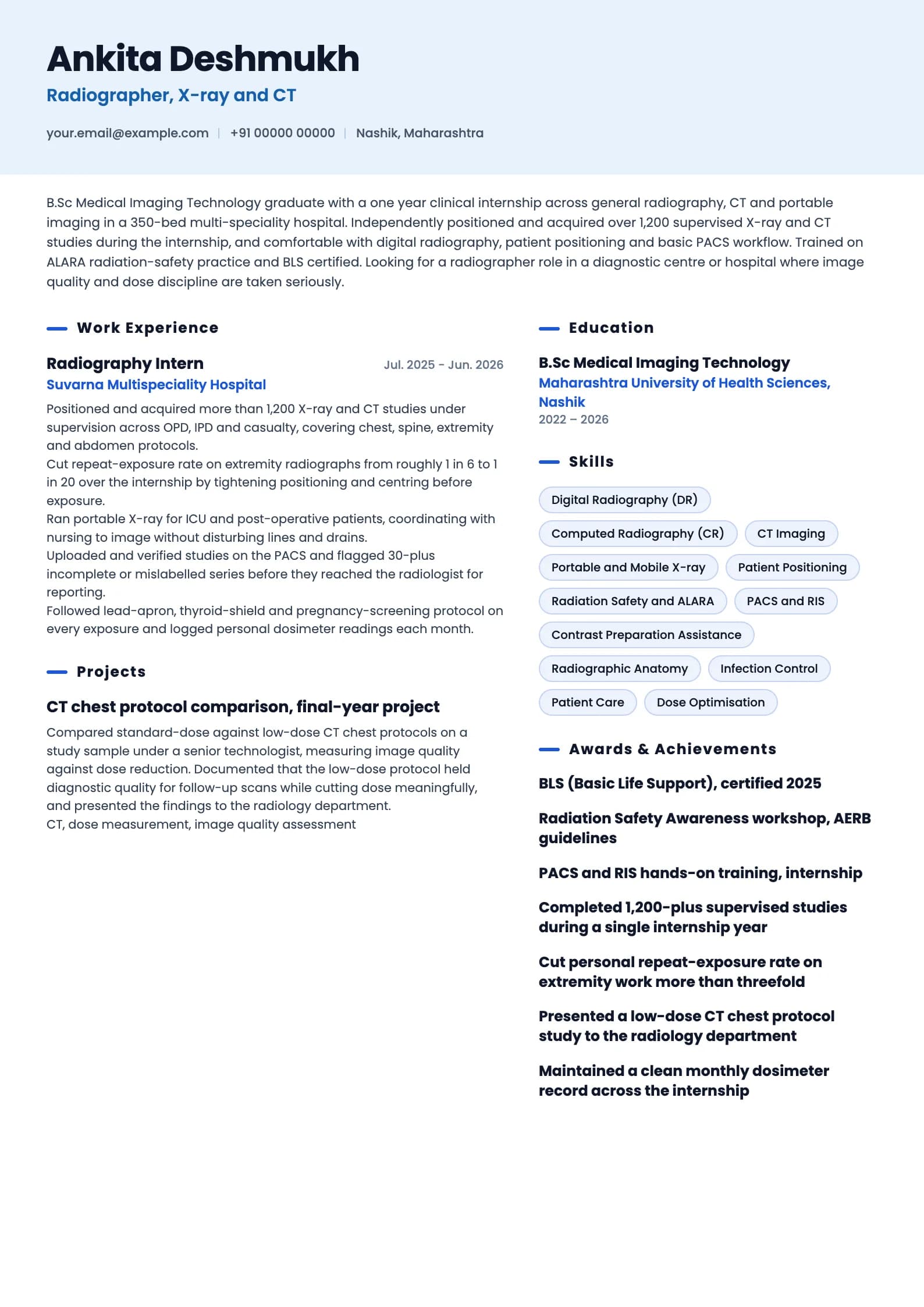 Radiographer resume example for Fresher (0 years), ai-era template, showing professional summary, work experience, projects, skills, education and certifications