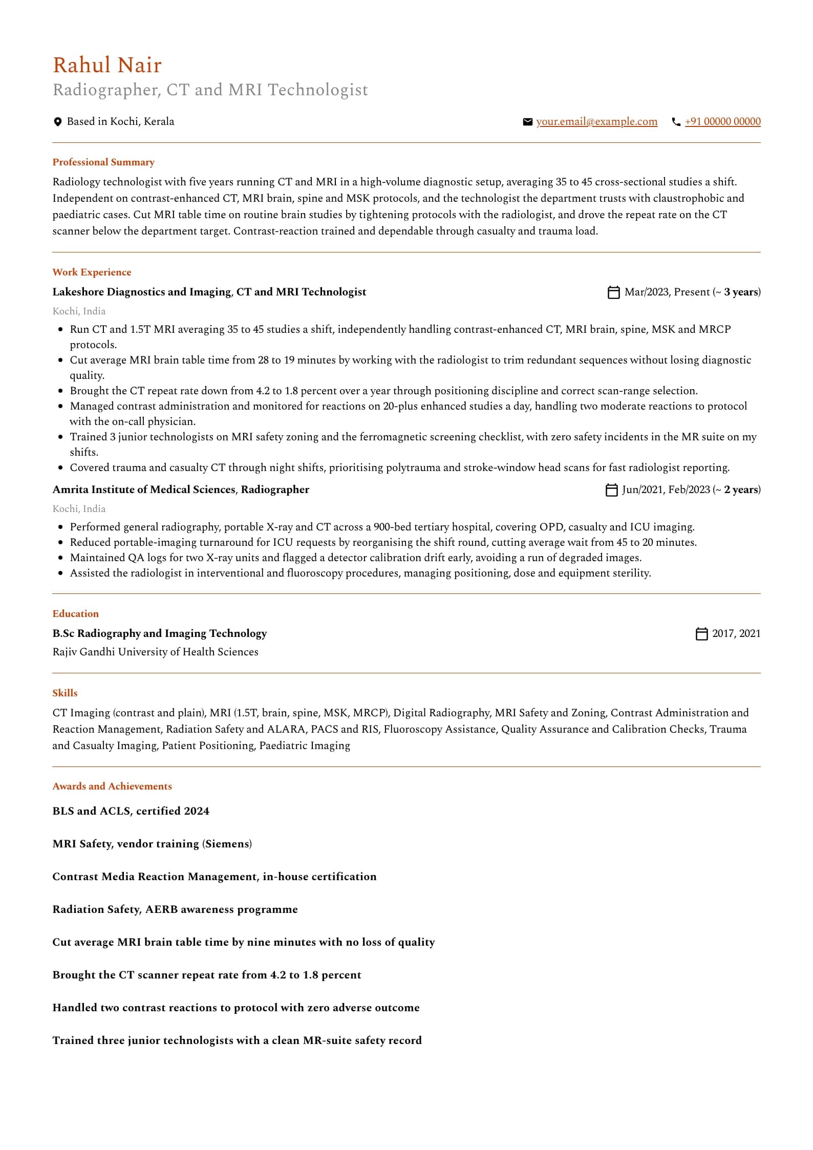 Radiographer resume example for CT and MRI Technologist (5 years), professional template, showing professional summary, work experience, skills, education and certifications