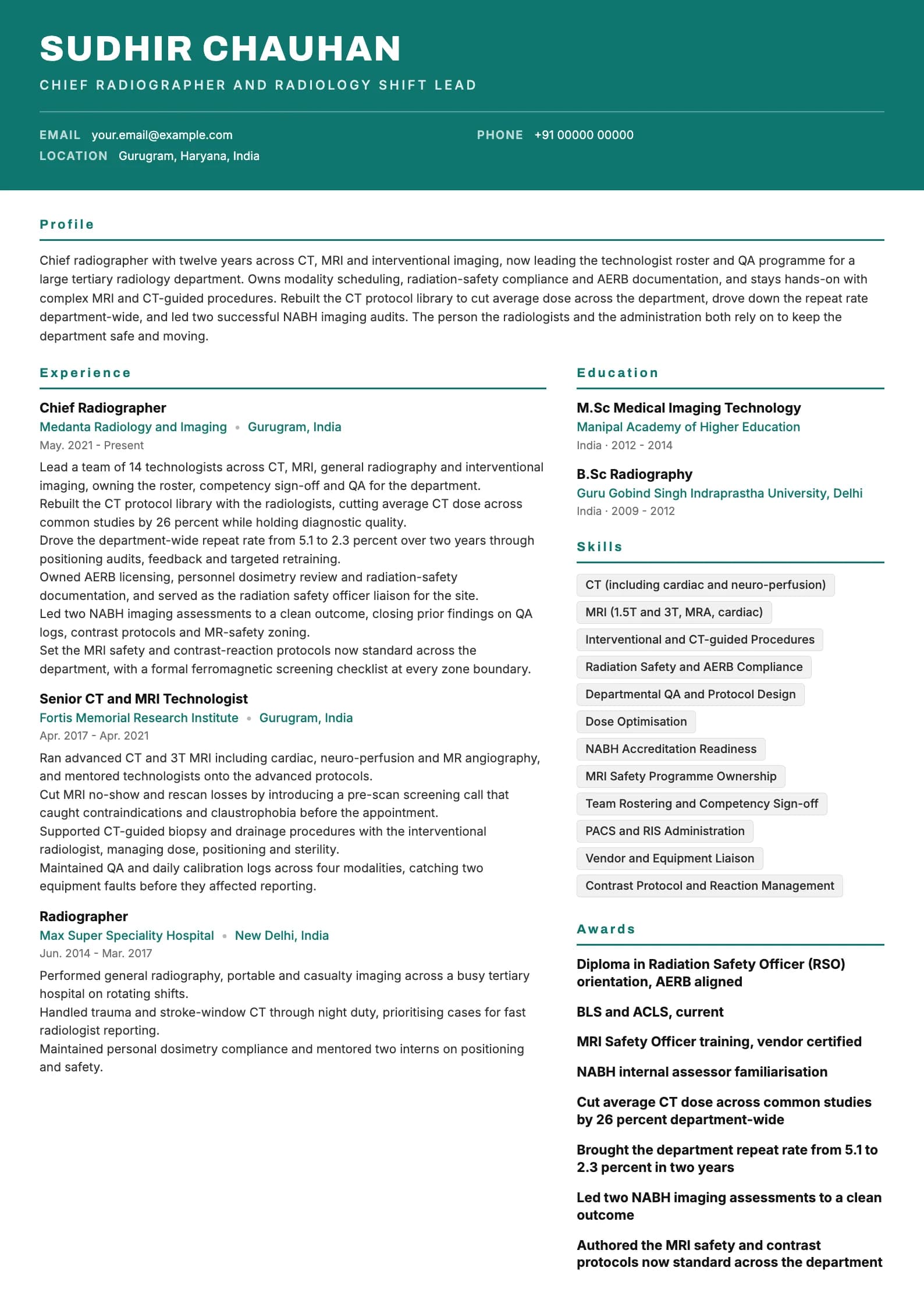 Radiographer resume example for Chief Radiographer (12 years), header-band template, showing professional summary, work experience, skills, education and certifications