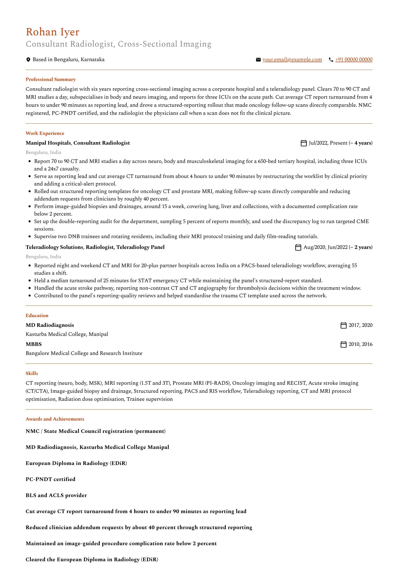 Radiologist resume example for Consultant (6 years), professional template, showing professional summary, work experience, skills, education and certifications