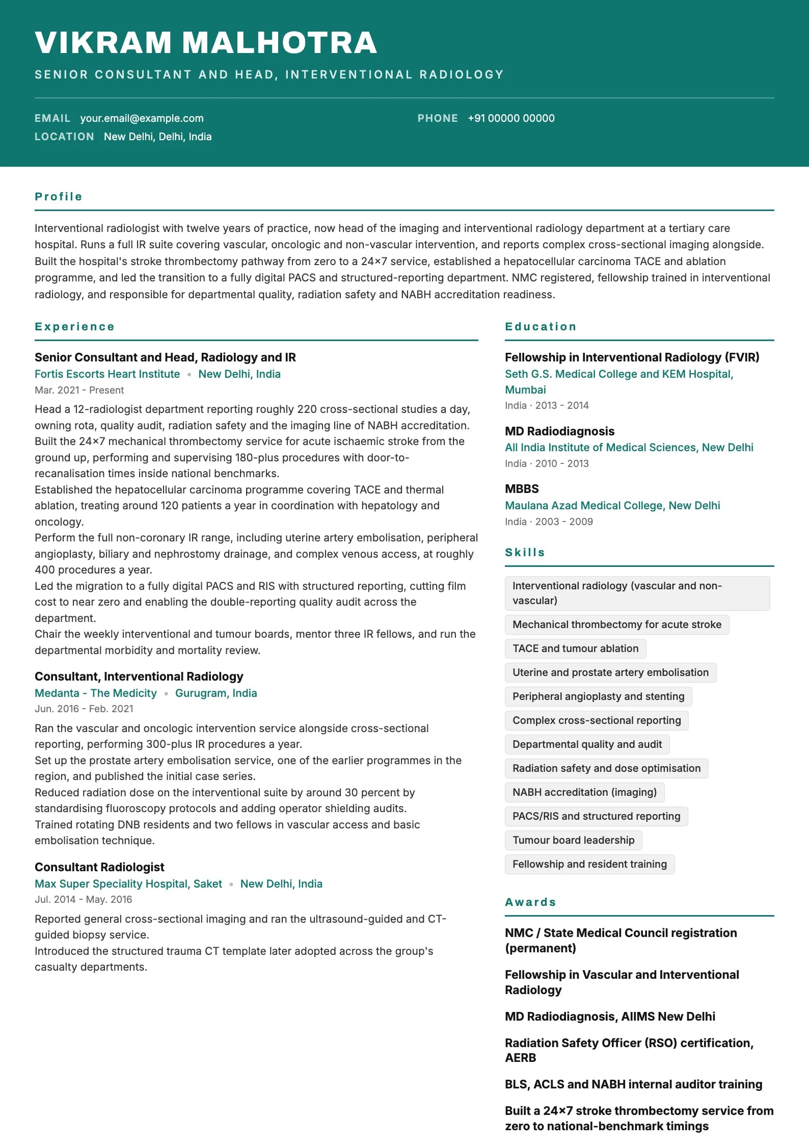 Radiologist resume example for Senior (Interventional, 12 years), header-band template, showing professional summary, work experience, skills, education and certifications