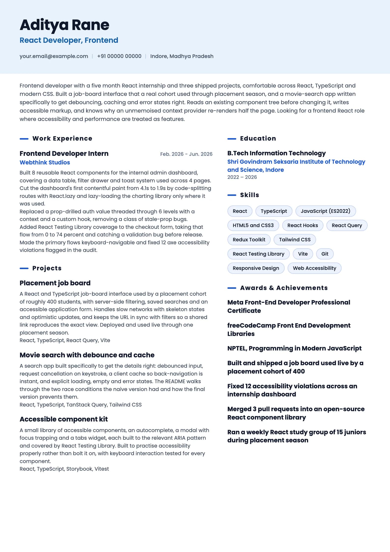 React Developer resume example for Fresher (0 years), ai-era template, showing professional summary, work experience, projects, skills, education and certifications