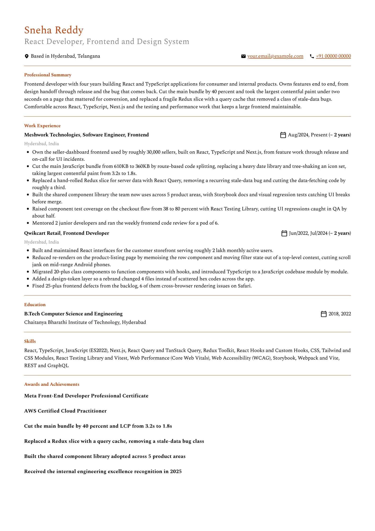 React Developer resume example for Mid-level (4 years), professional template, showing professional summary, work experience, skills, education and certifications