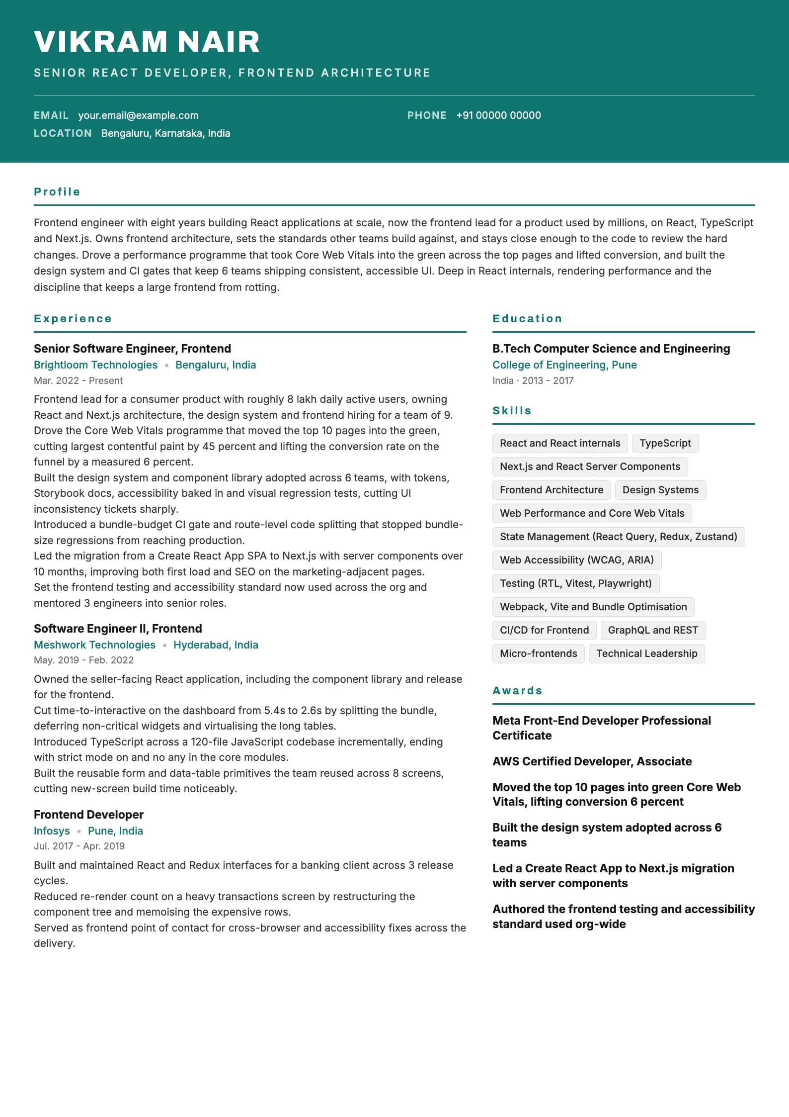 React Developer resume example for Senior (8 years), header-band template, showing professional summary, work experience, skills, education and certifications