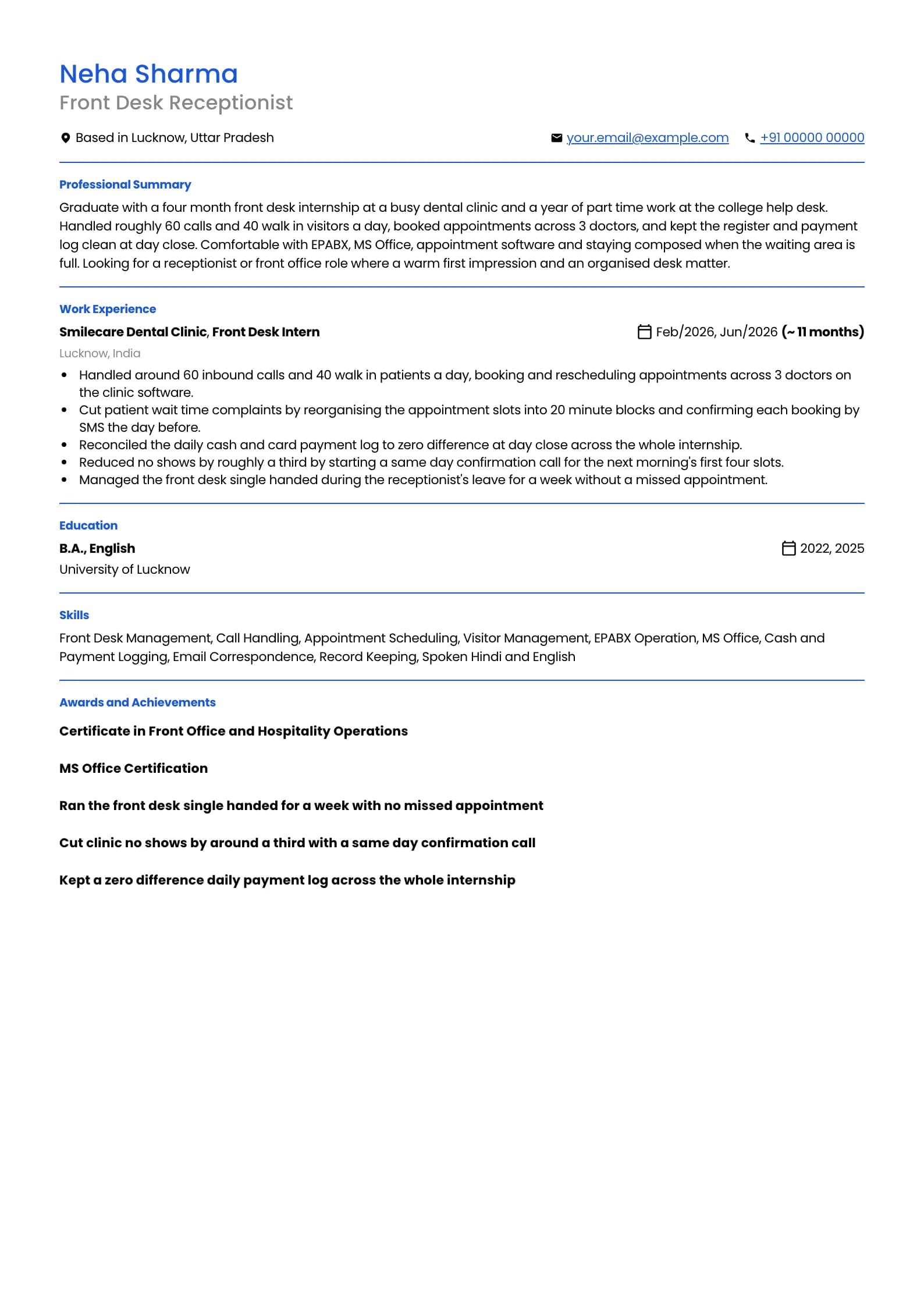 Receptionist resume example for Fresher (0 years), minimalist template, showing professional summary, work experience, skills, education and certifications