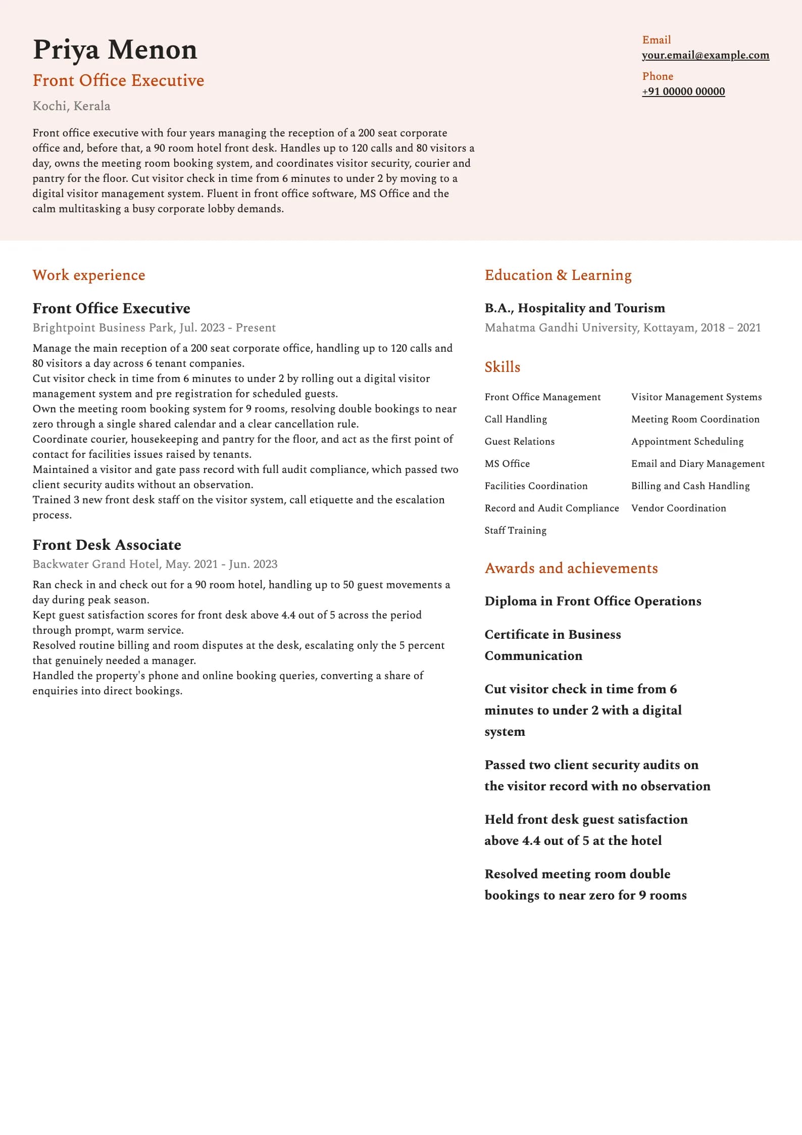Receptionist resume example for Mid-level (4 years), modern template, showing professional summary, work experience, skills, education and certifications