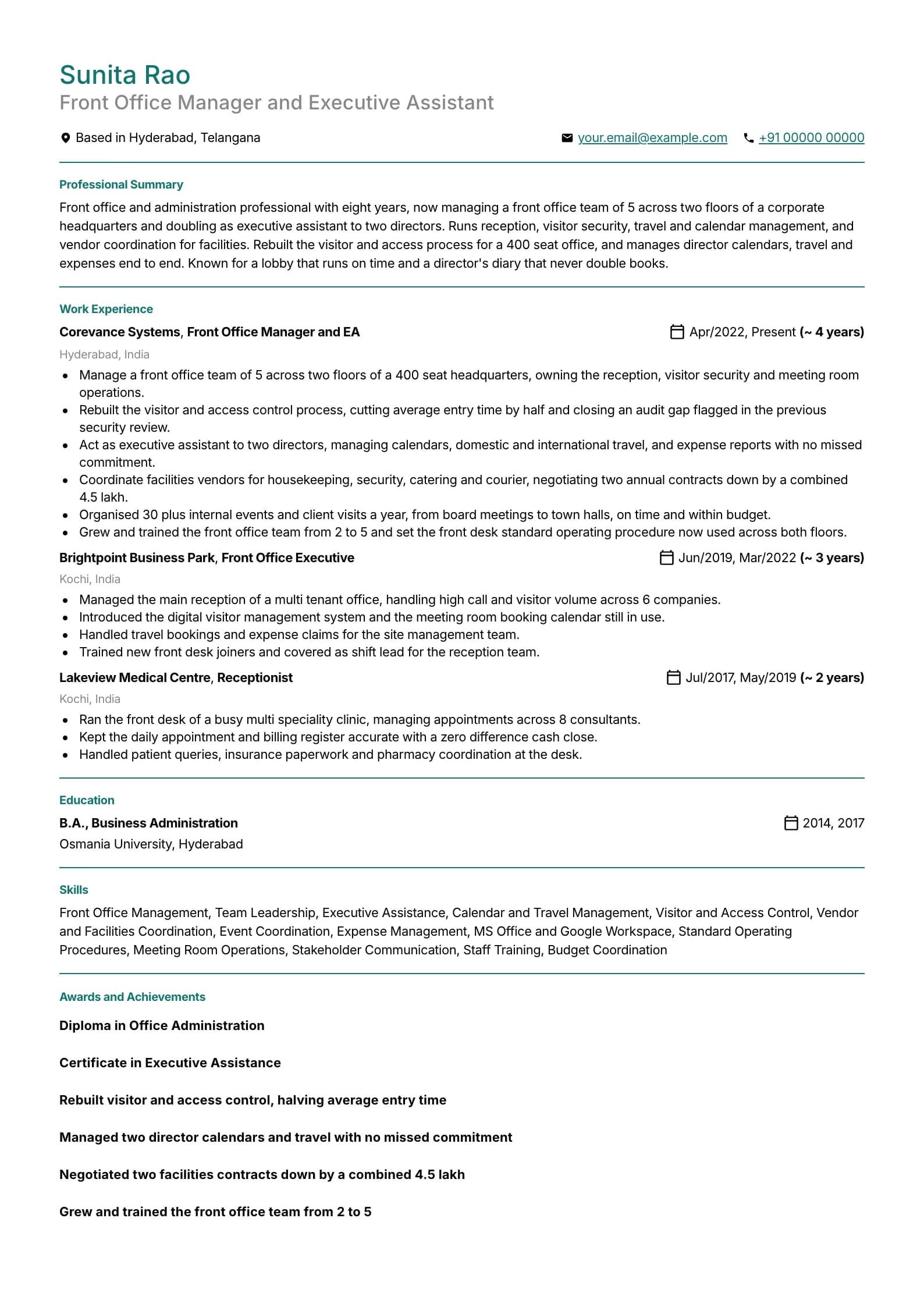 Receptionist resume example for Senior (8 years), professional template, showing professional summary, work experience, skills, education and certifications