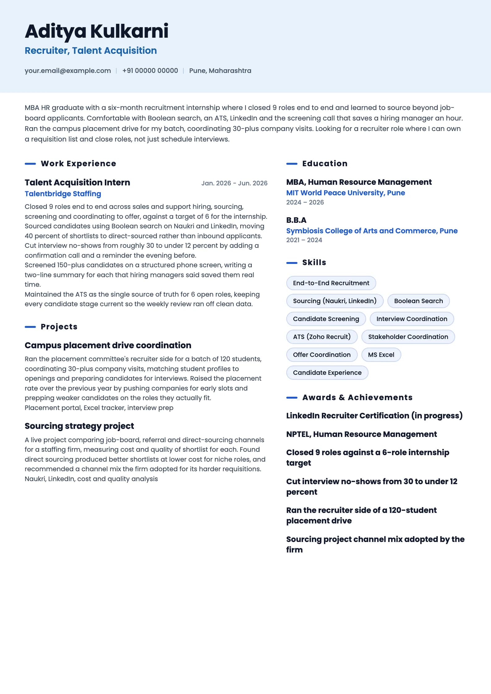 Recruiter resume example for Fresher (0 years), ai-era template, showing professional summary, work experience, projects, skills, education and certifications