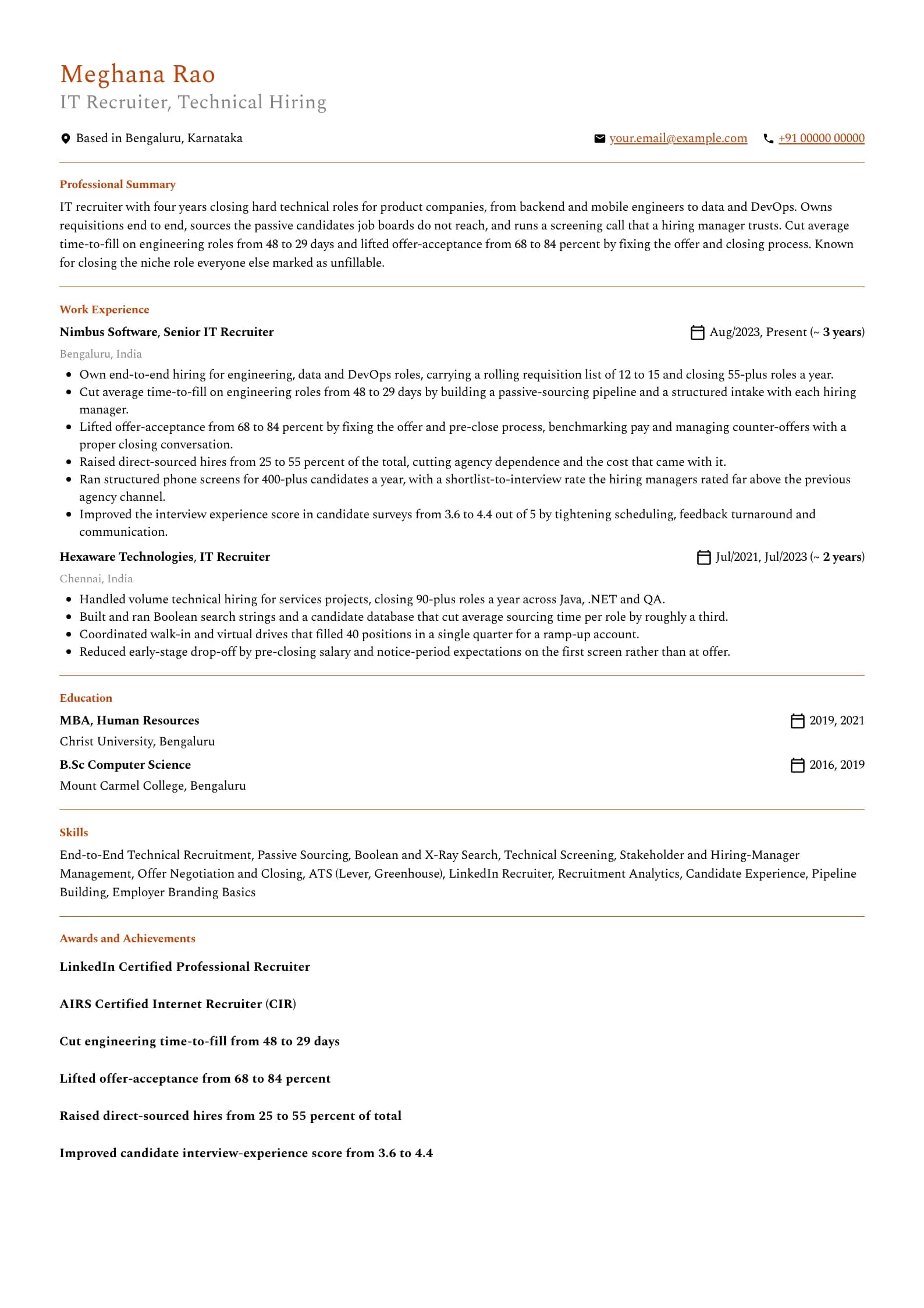Recruiter resume example for IT Recruiter (4 years), professional template, showing professional summary, work experience, skills, education and certifications