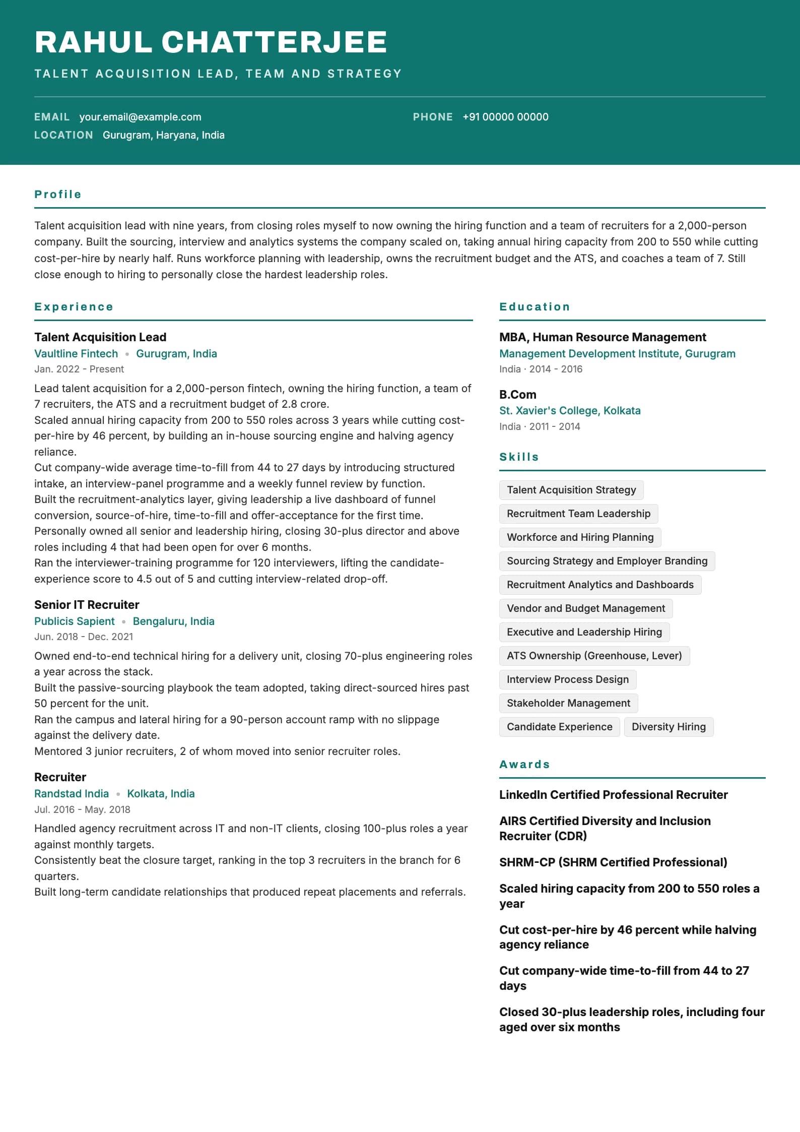 Recruiter resume example for Talent Acquisition Lead (9 years), header-band template, showing professional summary, work experience, skills, education and certifications