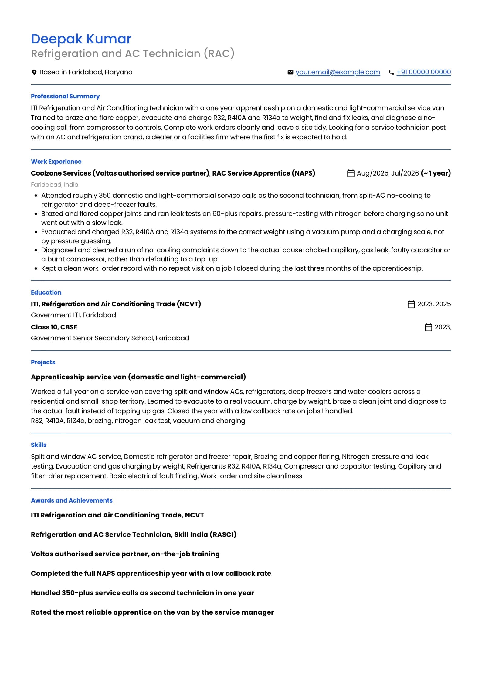 Refrigeration Technician resume example for Fresher / Apprentice (0 to 1 year), minimalist template, showing professional summary, work experience, projects, skills, education and certifications