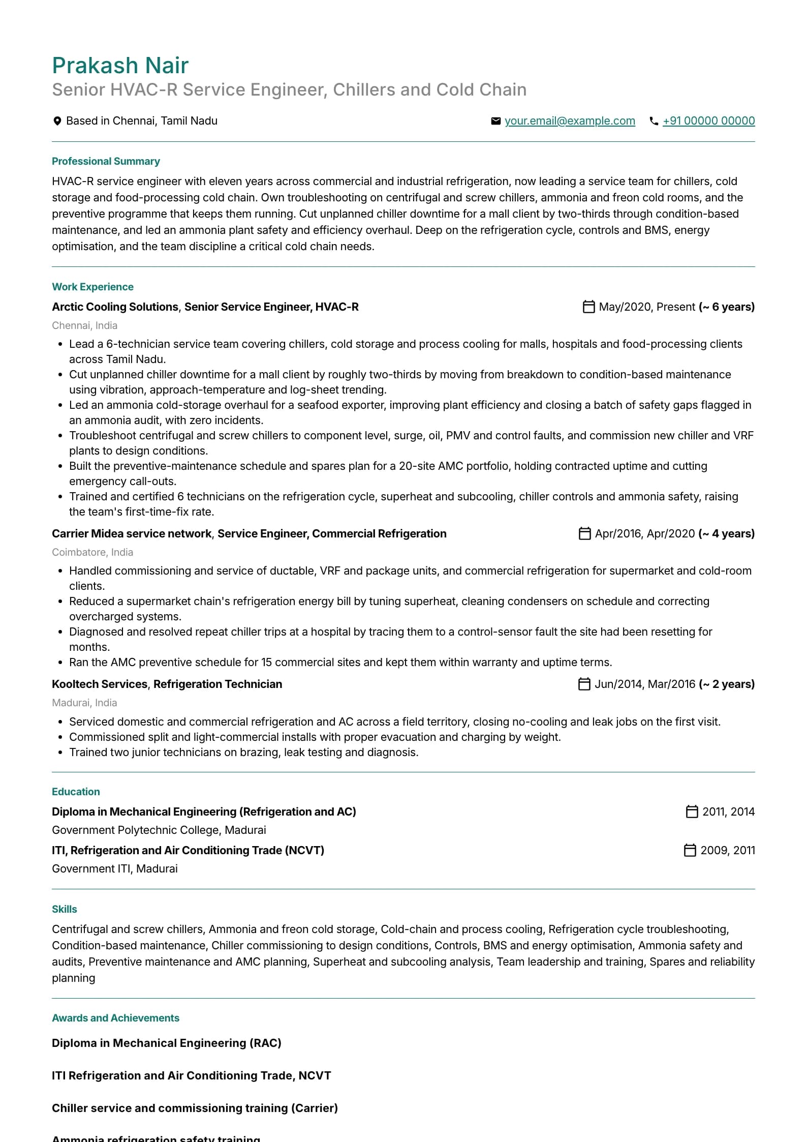 Refrigeration Technician resume example for Senior HVAC-R Service Engineer (11 years), professional template, showing professional summary, work experience, skills, education and certifications