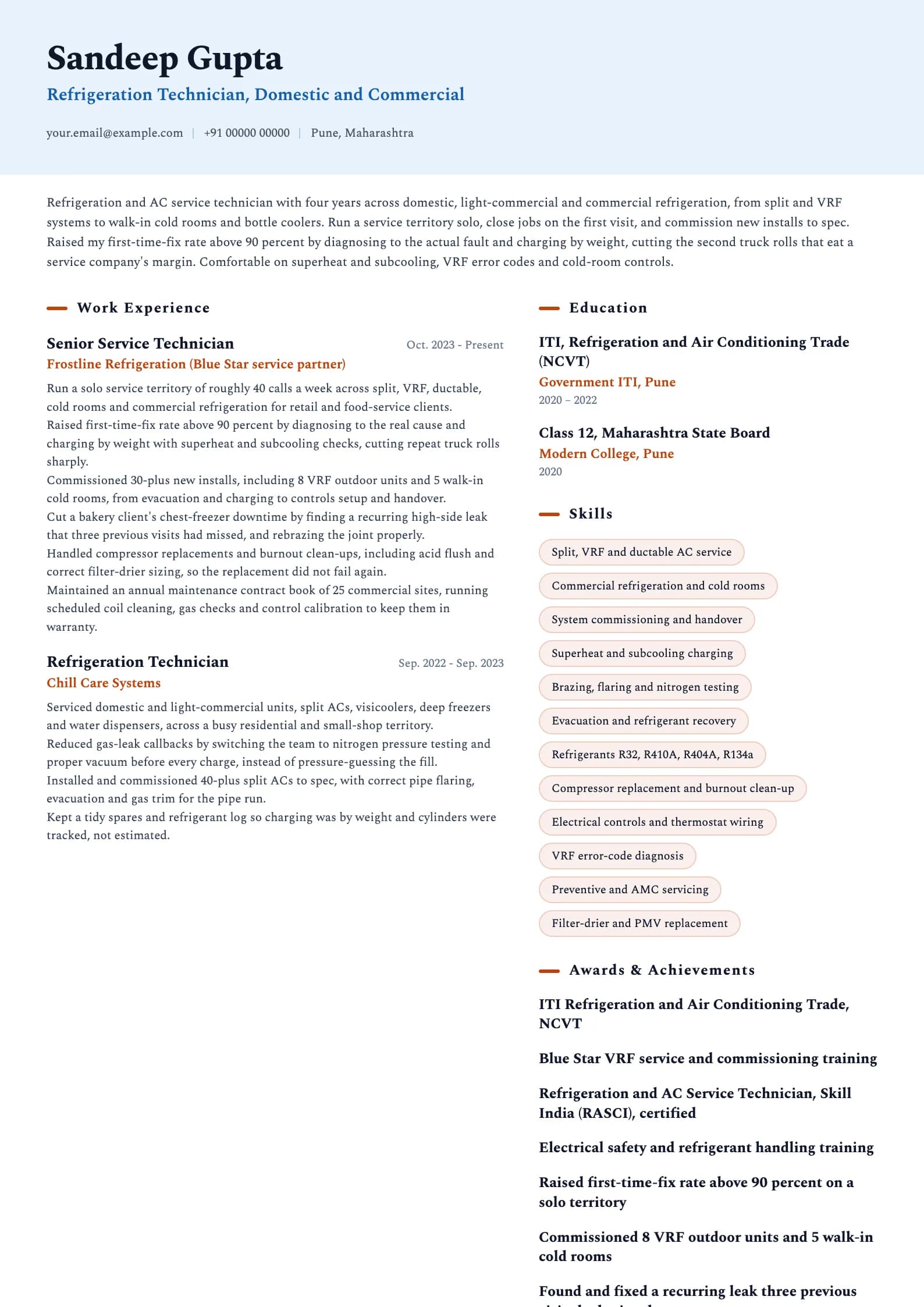 Refrigeration Technician resume example for Service Technician (4 years), ai-era template, showing professional summary, work experience, skills, education and certifications