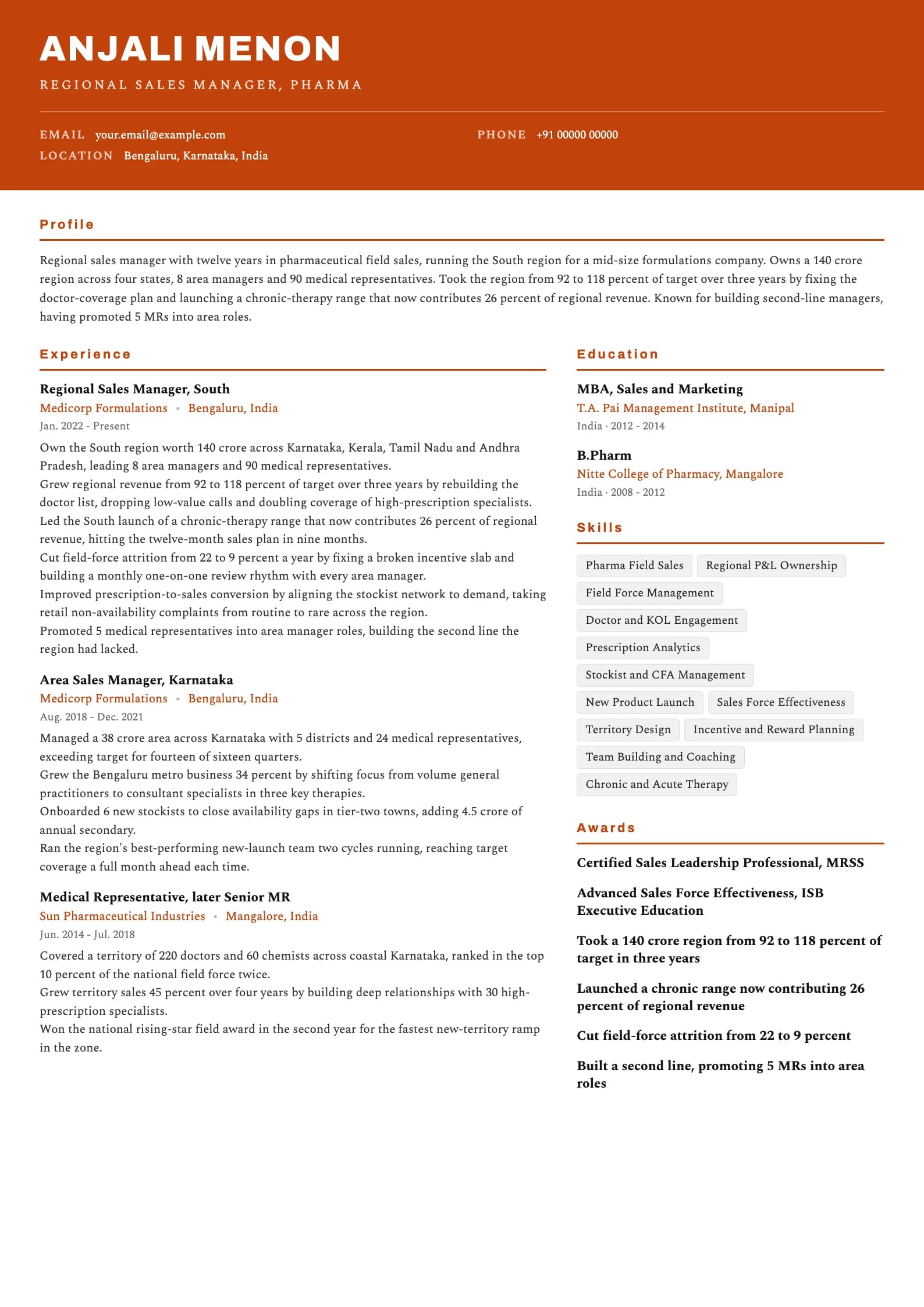 Regional Sales Manager resume example for Established RSM (12 years), header-band template, showing professional summary, work experience, skills, education and certifications