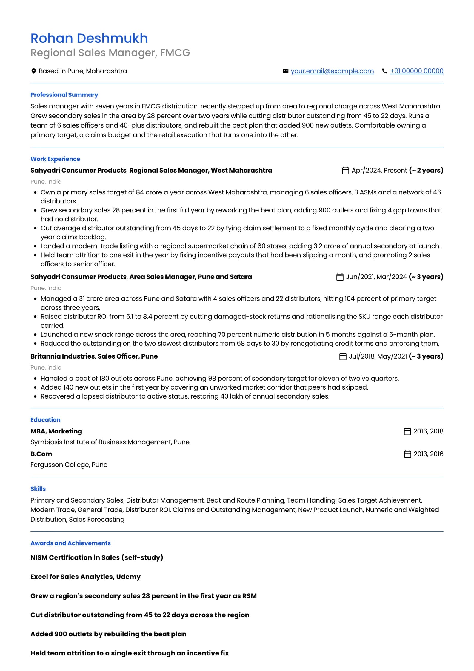 Regional Sales Manager resume example for Newly promoted RSM (7 years), professional template, showing professional summary, work experience, skills, education and certifications
