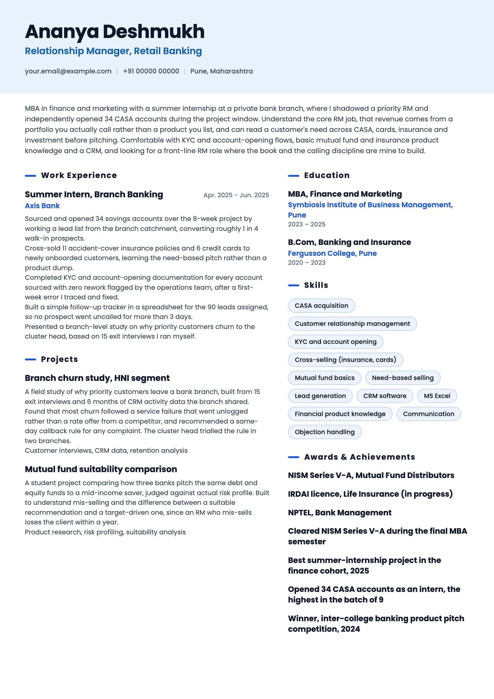 Relationship Manager resume example for Fresher (0 years), ai-era template, showing professional summary, work experience, projects, skills, education and certifications