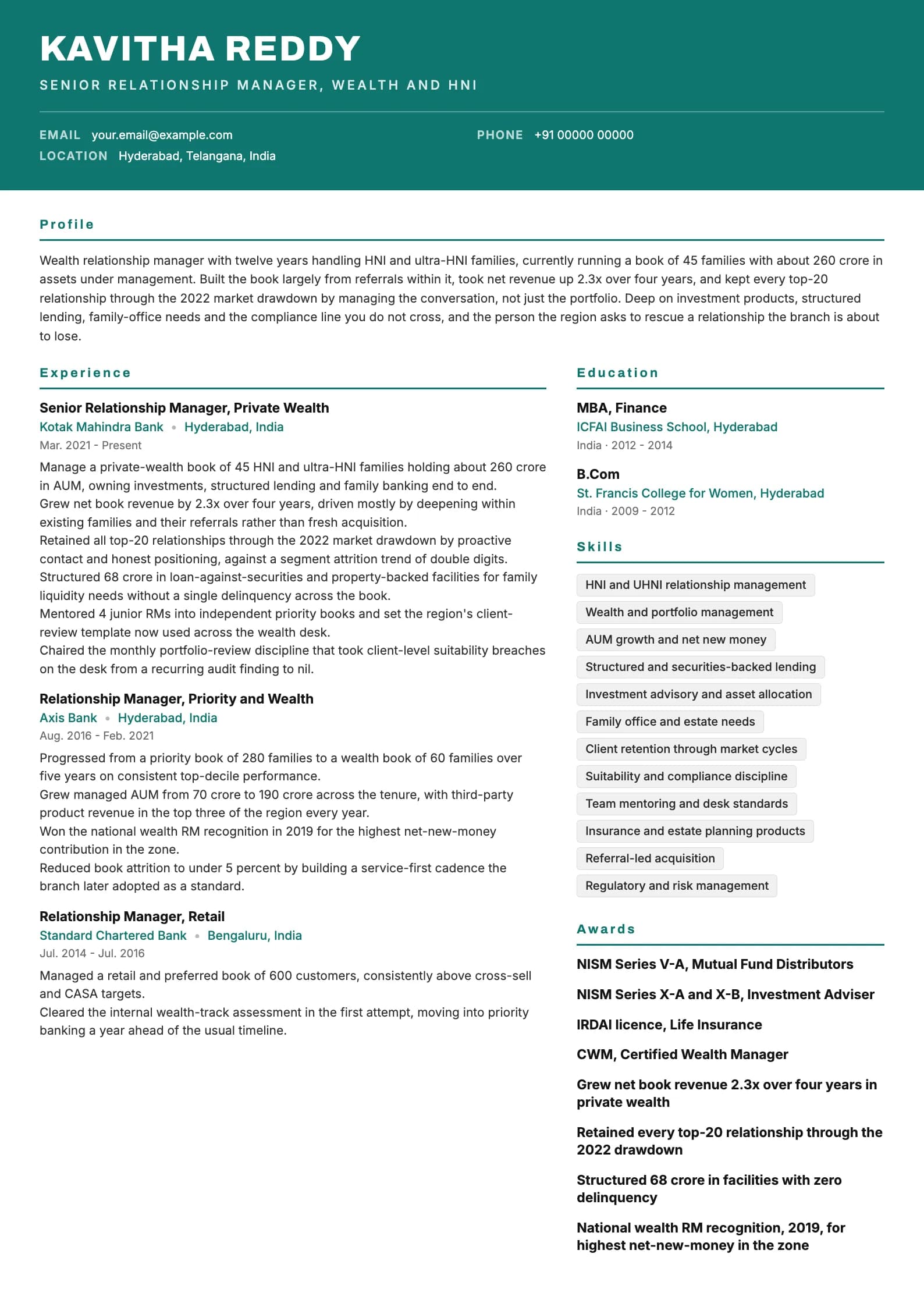 Relationship Manager resume example for Senior (12 years), header-band template, showing professional summary, work experience, skills, education and certifications