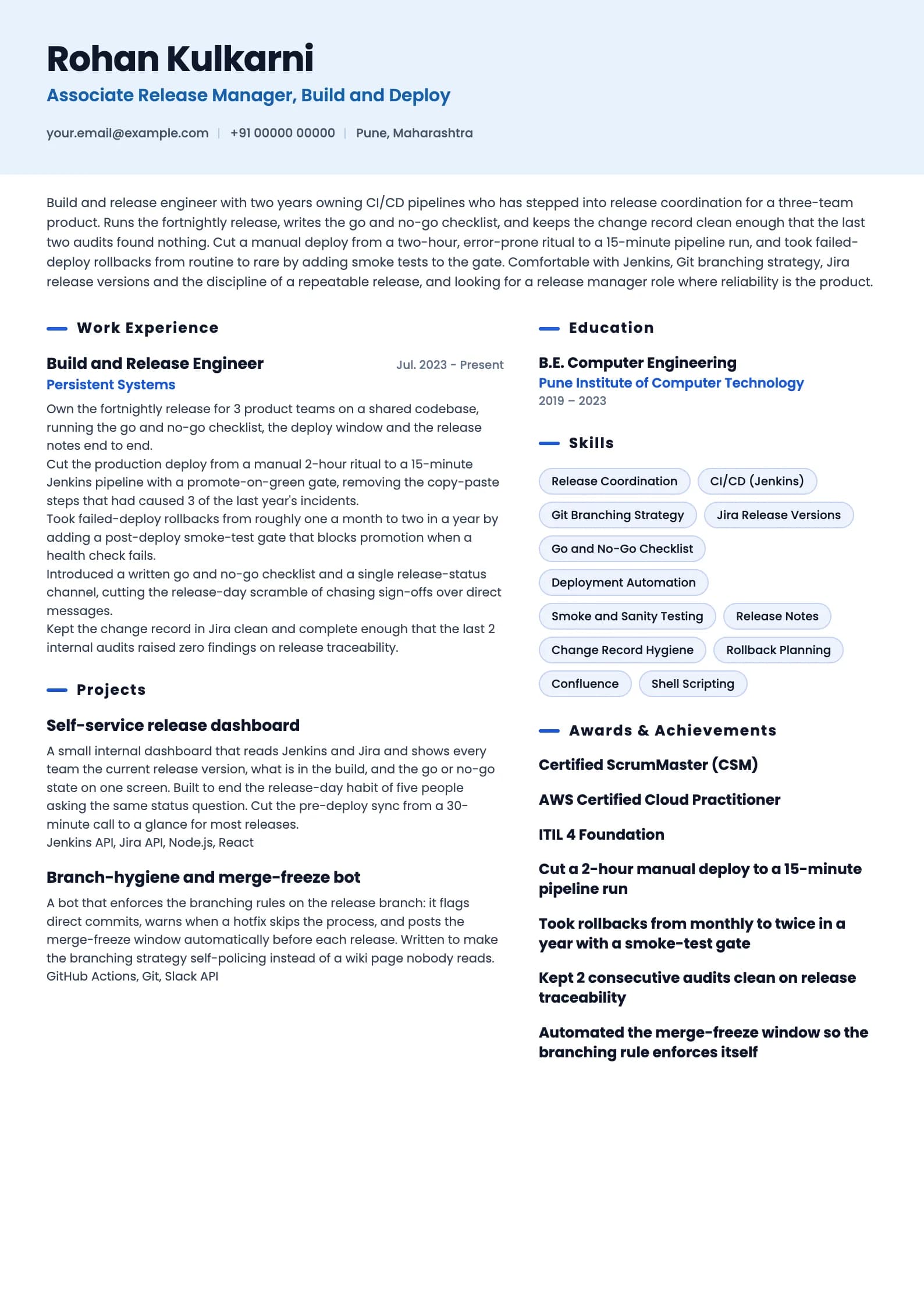 Release Manager resume example for Associate (2 years), ai-era template, showing professional summary, work experience, projects, skills, education and certifications