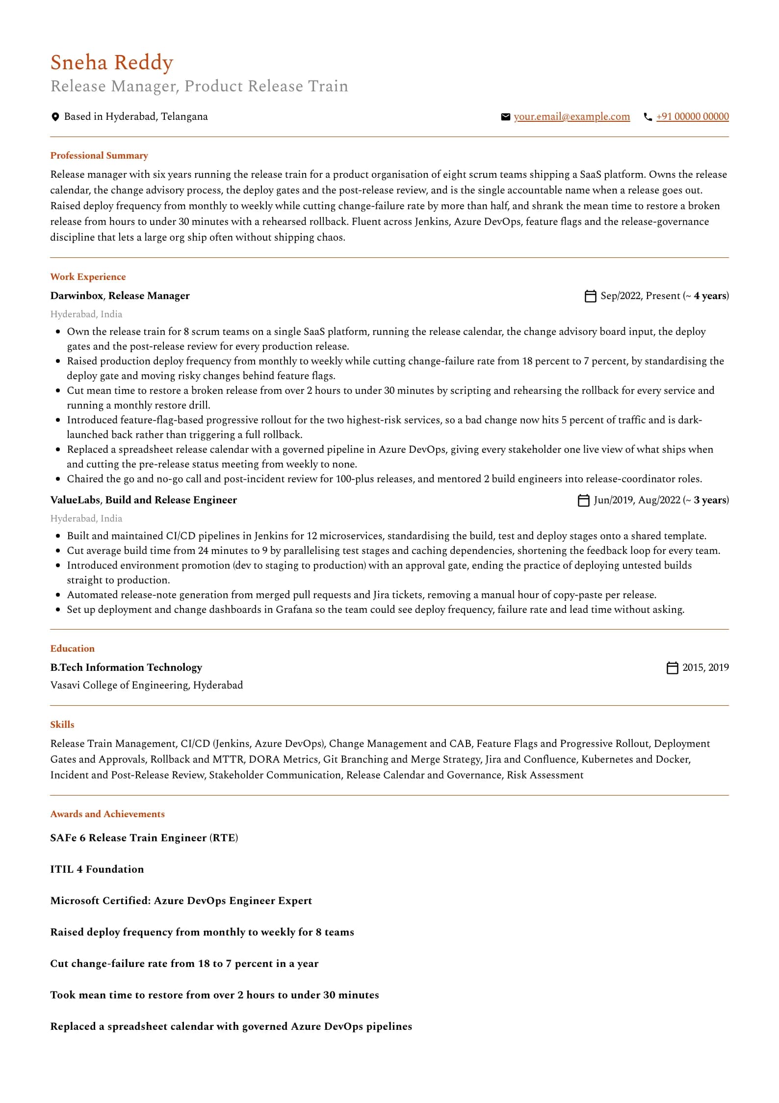 Release Manager resume example for Release Manager (6 years), professional template, showing professional summary, work experience, skills, education and certifications