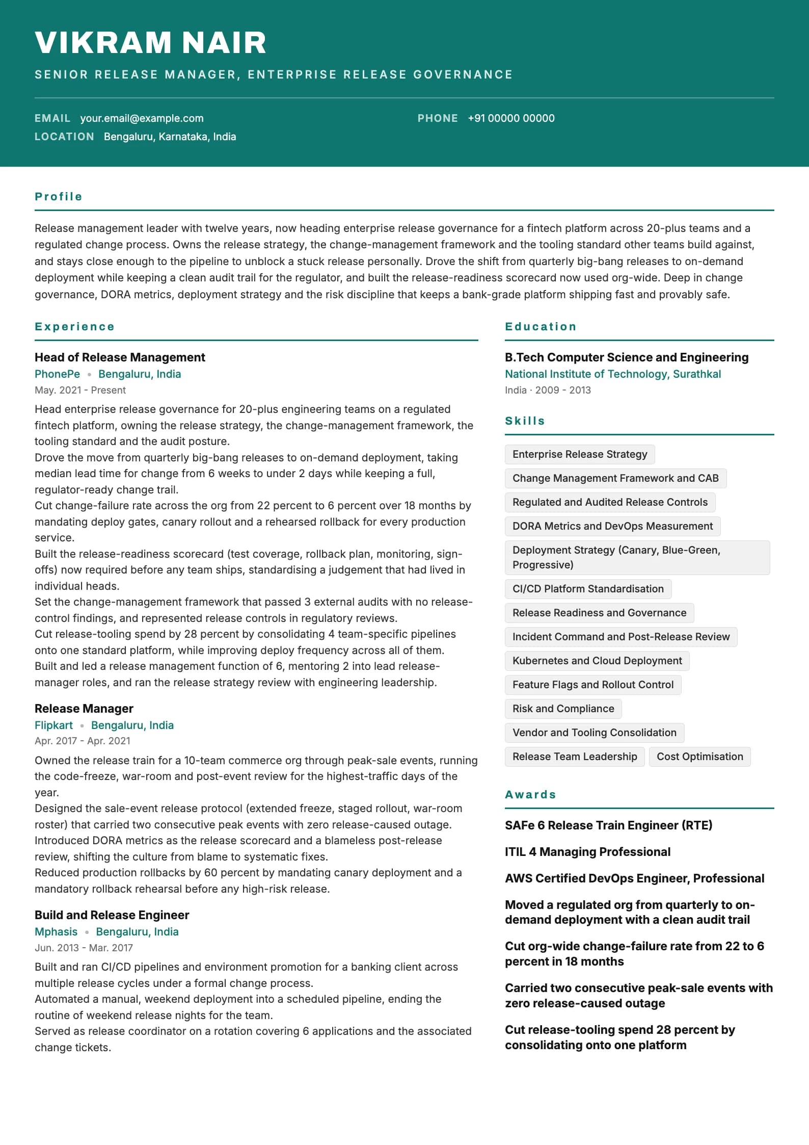 Release Manager resume example for Senior (12 years), header-band template, showing professional summary, work experience, skills, education and certifications