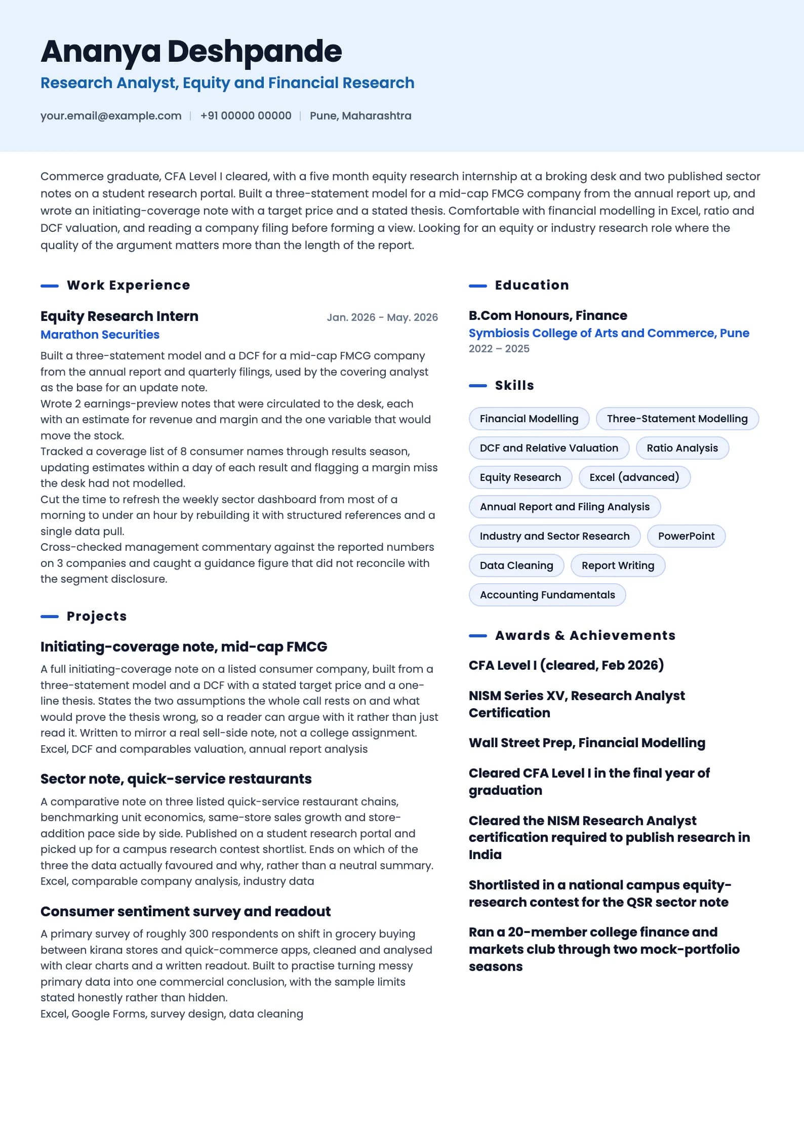 Research Analyst resume example for Fresher (0 years), ai-era template, showing professional summary, work experience, projects, skills, education and certifications