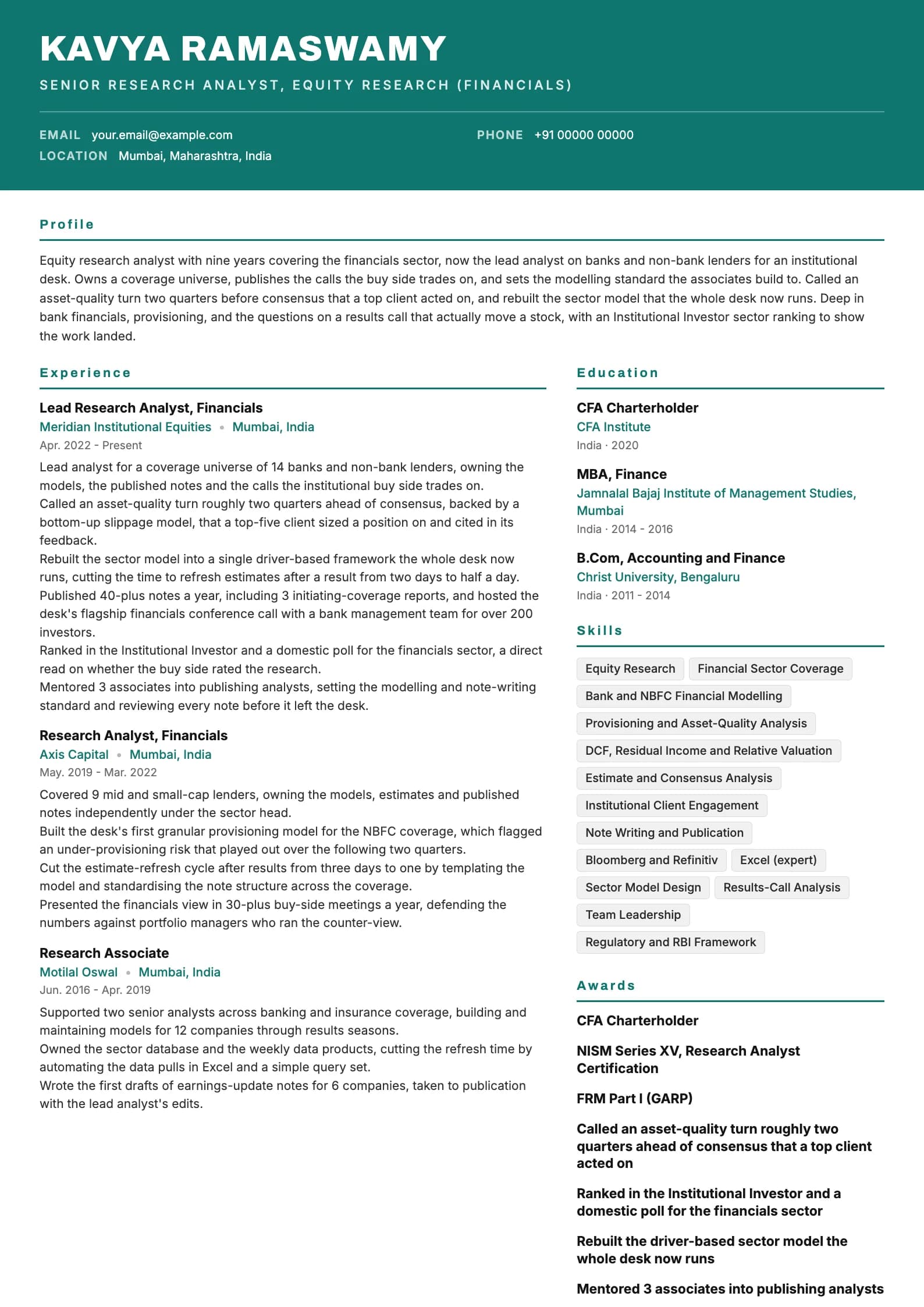 Research Analyst resume example for Senior (9 years), header-band template, showing professional summary, work experience, skills, education and certifications