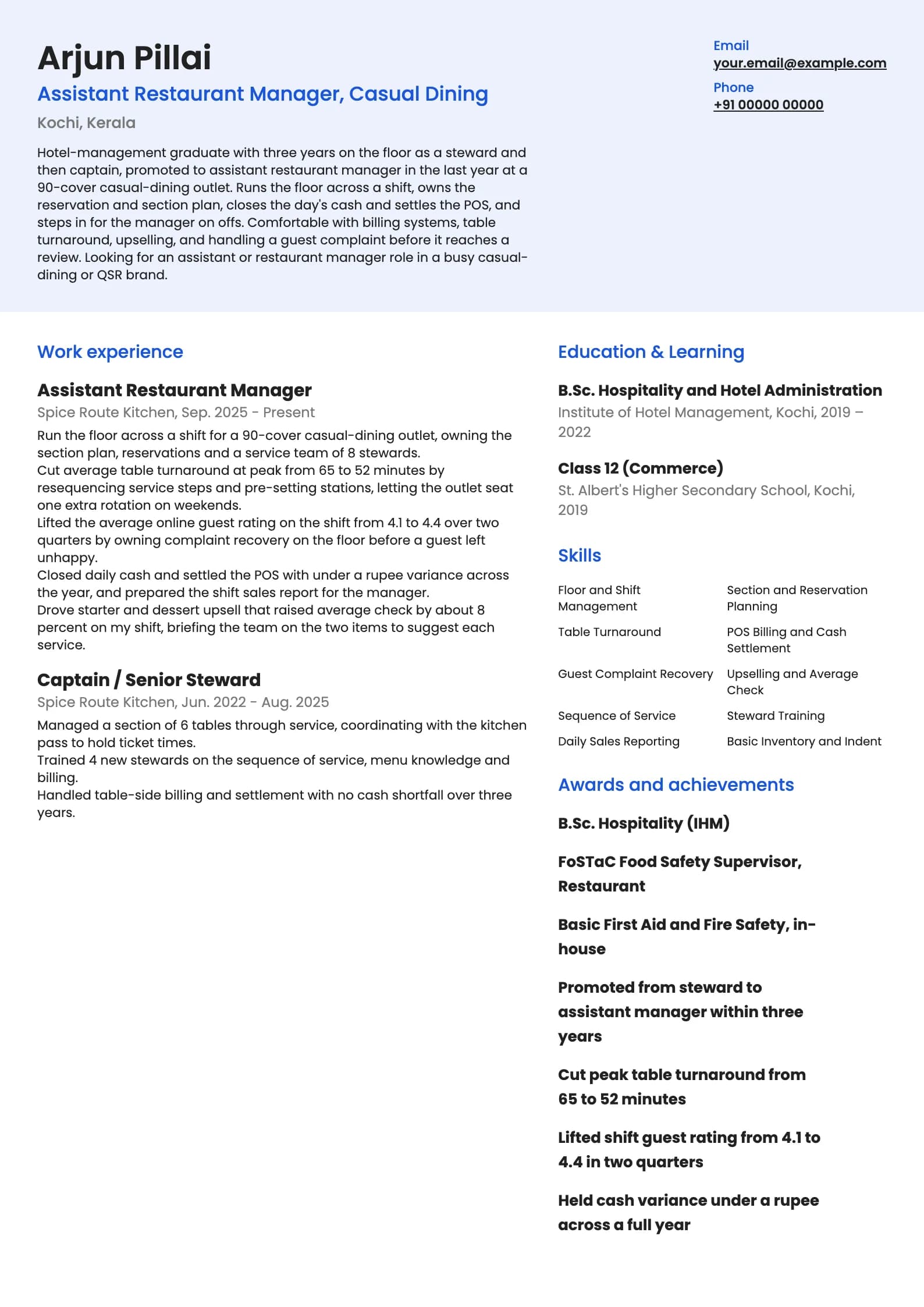 Restaurant Manager resume example for Assistant Manager (stepped up from captain), modern template, showing professional summary, work experience, skills, education and certifications