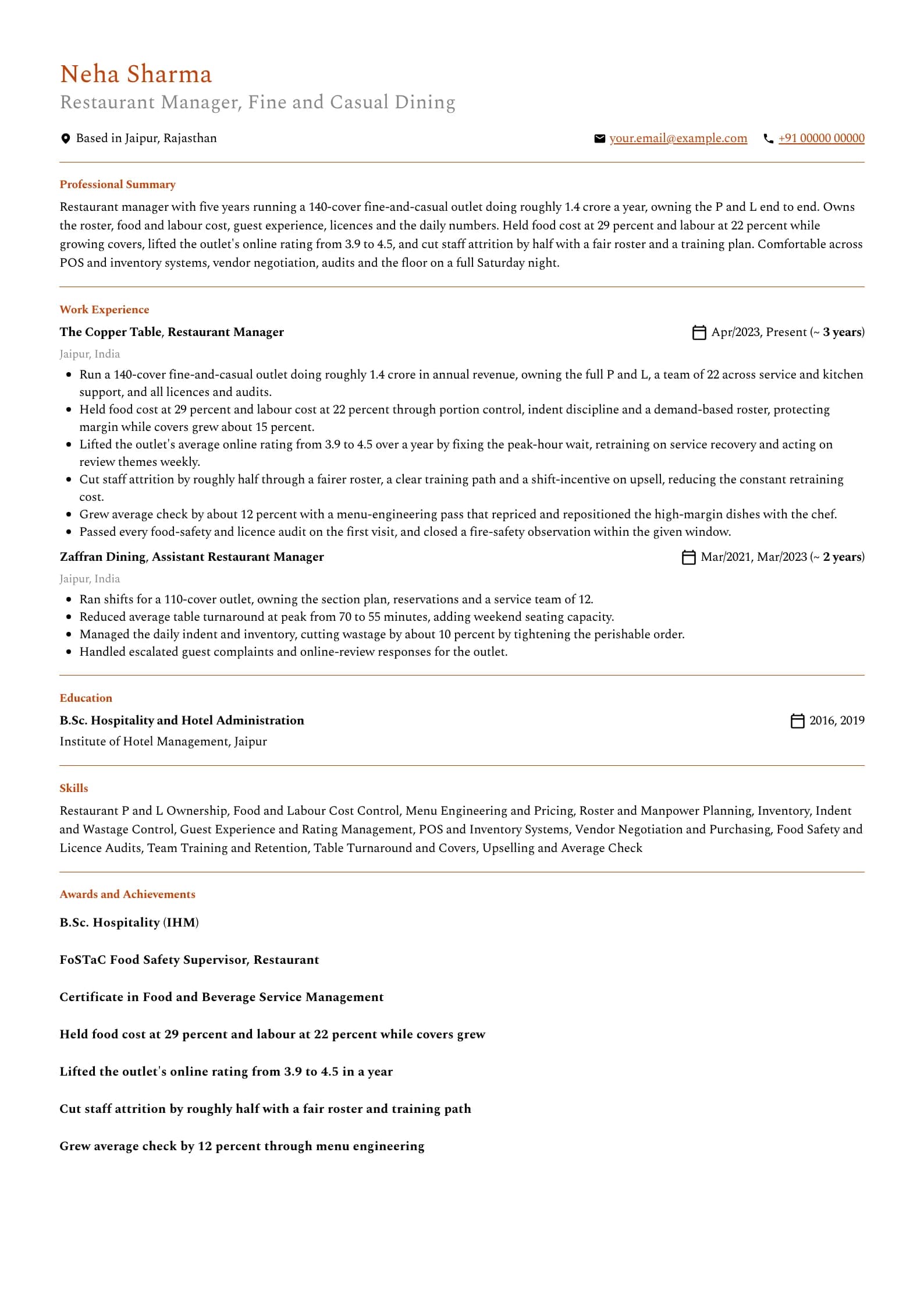 Restaurant Manager resume example for Restaurant Manager (5 years), professional template, showing professional summary, work experience, skills, education and certifications
