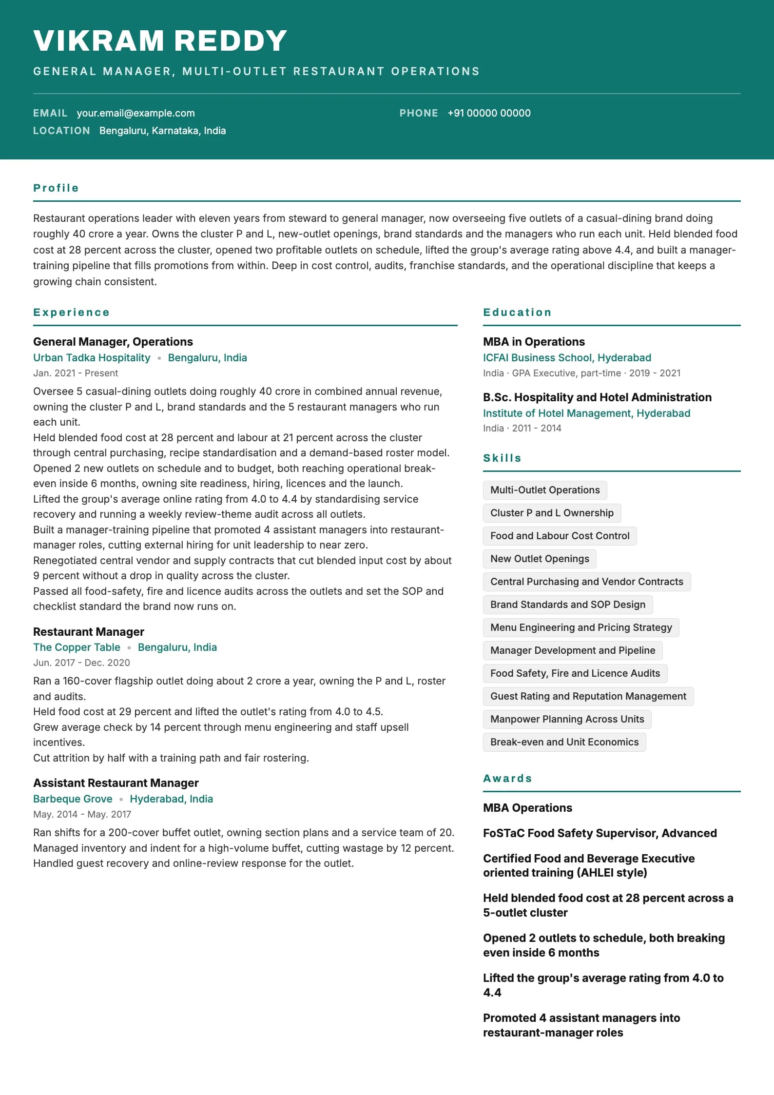 Restaurant Manager resume example for General Manager, Multi-Outlet (11 years), header-band template, showing professional summary, work experience, skills, education and certifications