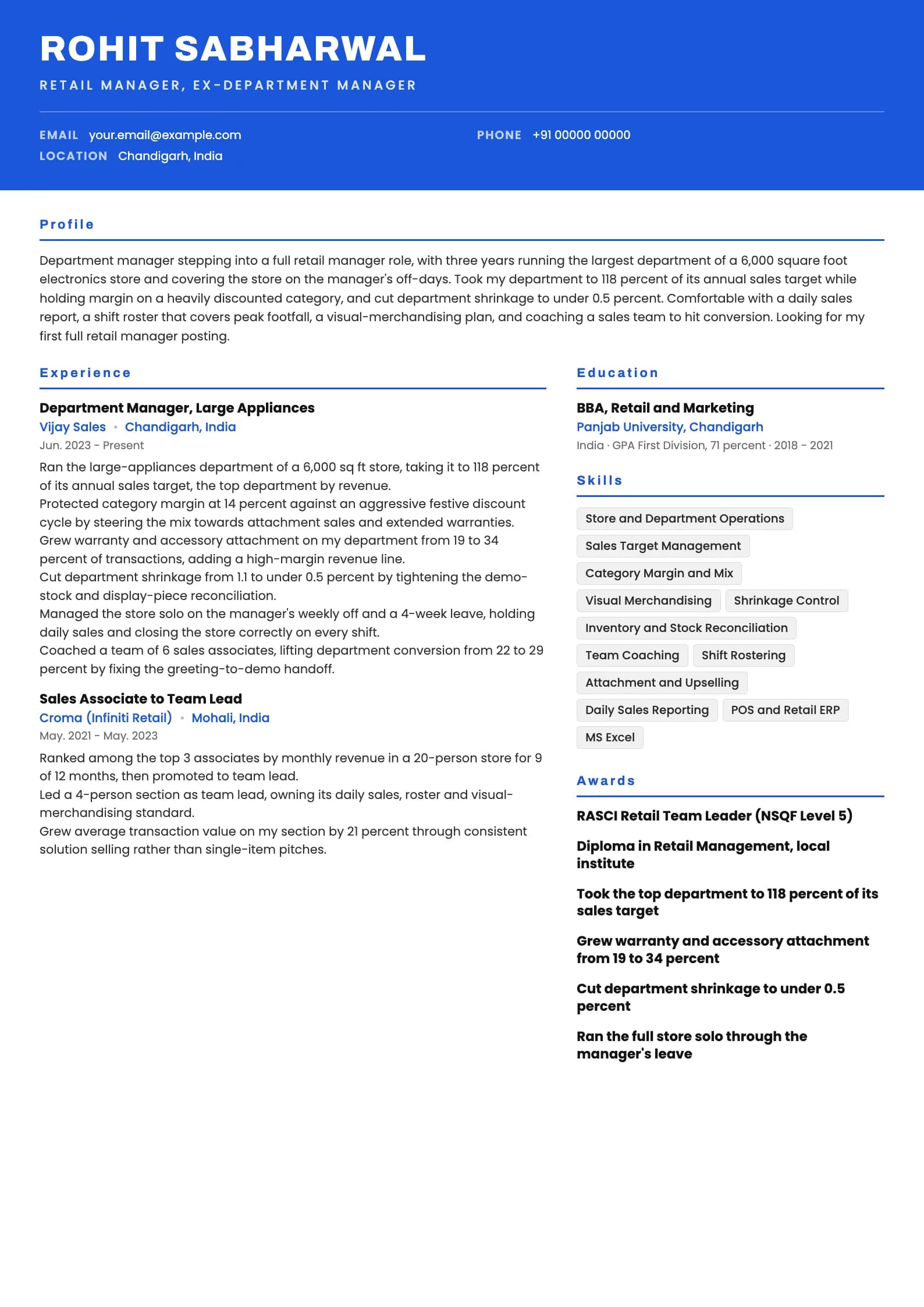 Retail Manager resume example for New Retail Manager (3 years), header-band template, showing professional summary, work experience, skills, education and certifications