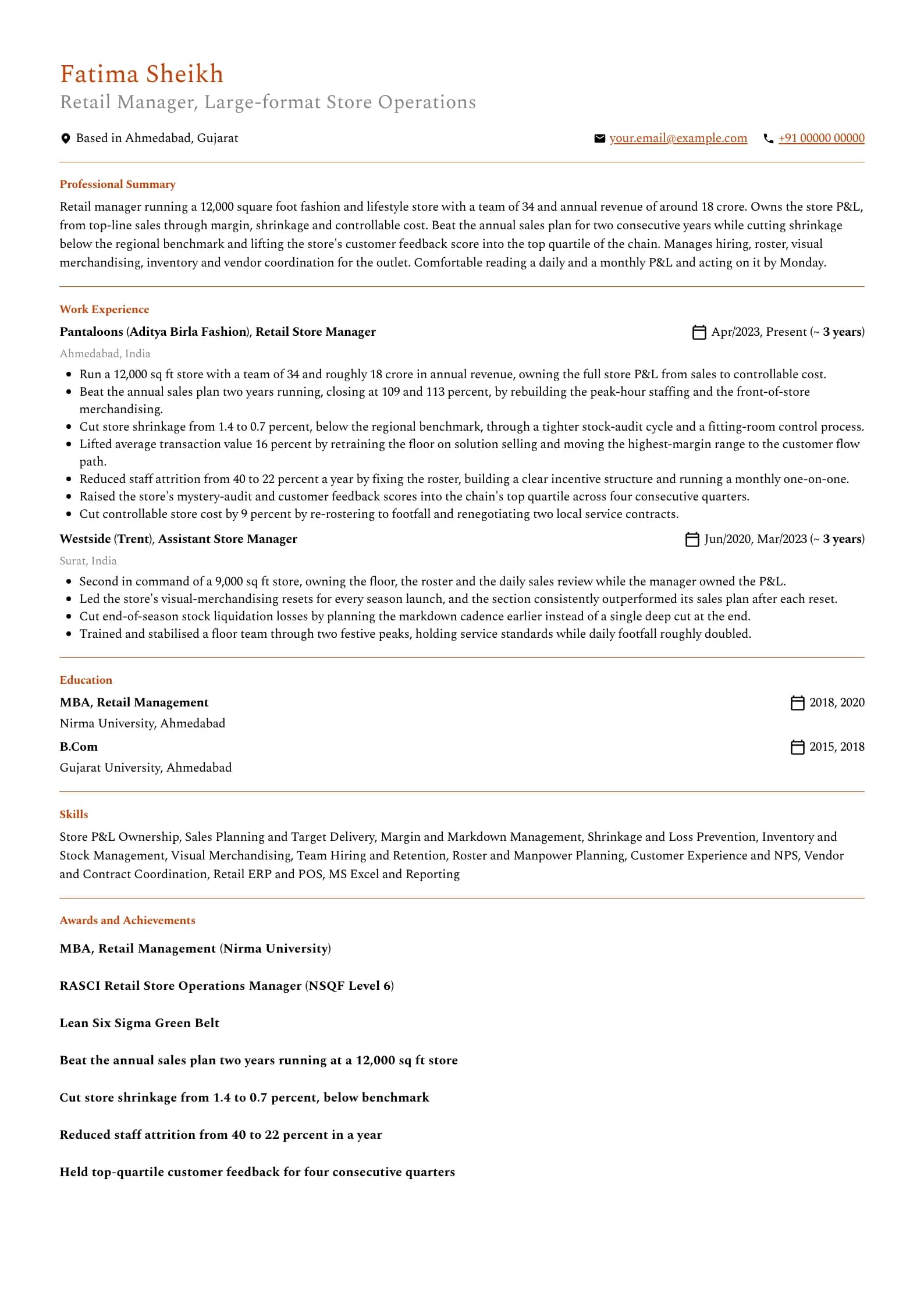 Retail Manager resume example for Retail Manager (6 years), professional template, showing professional summary, work experience, skills, education and certifications