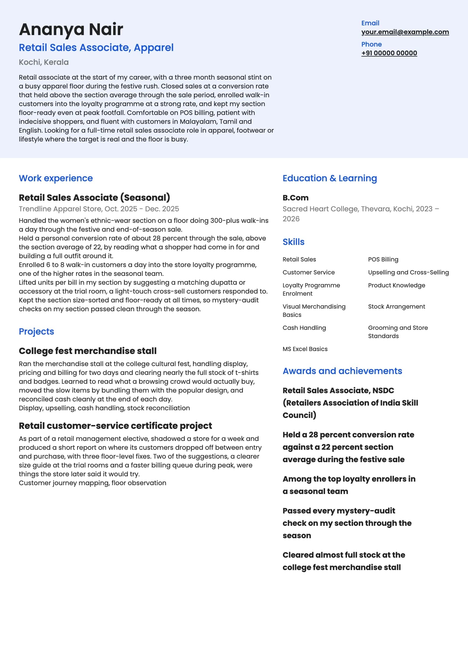 Retail Sales Associate resume example for Fresher (0 to 1 year), modern template, showing professional summary, work experience, projects, skills, education and certifications