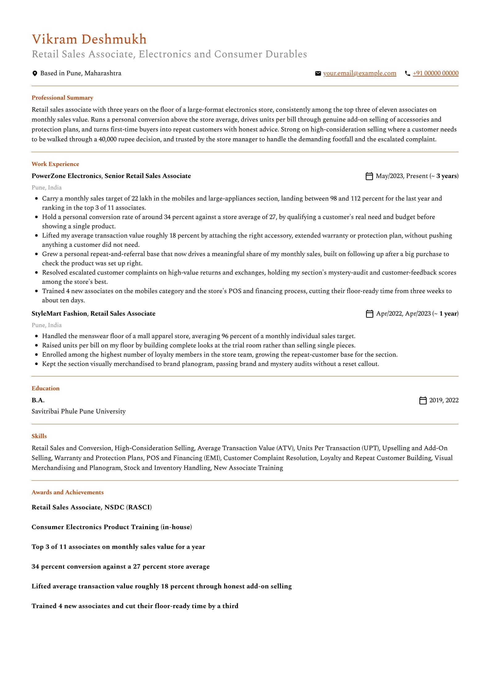 Retail Sales Associate resume example for Experienced (3 years), professional template, showing professional summary, work experience, skills, education and certifications