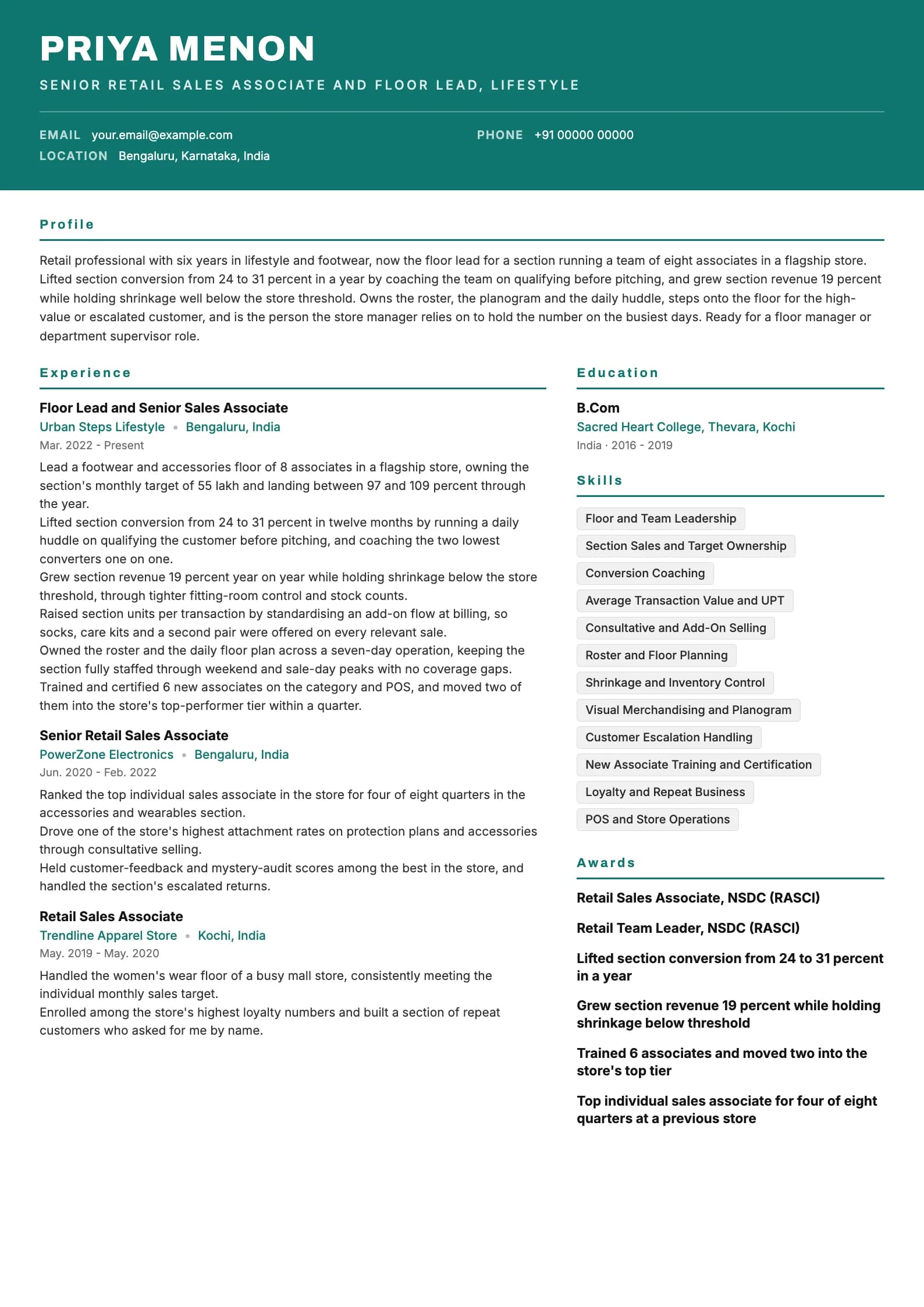 Retail Sales Associate resume example for Senior (6 years), header-band template, showing professional summary, work experience, skills, education and certifications