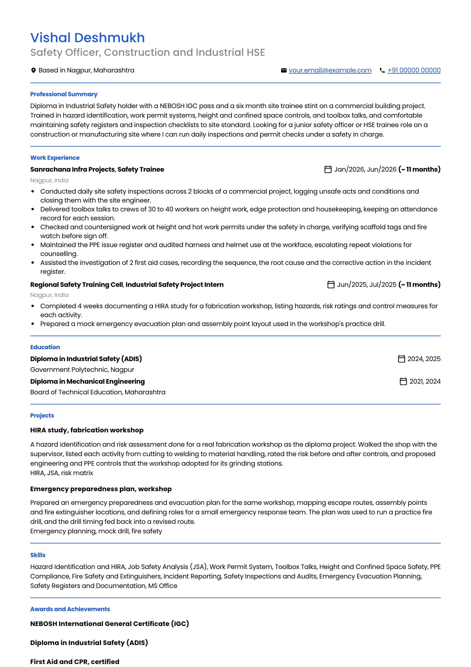 Safety Officer resume example for Fresher (0 years), professional template, showing professional summary, work experience, projects, skills, education and certifications