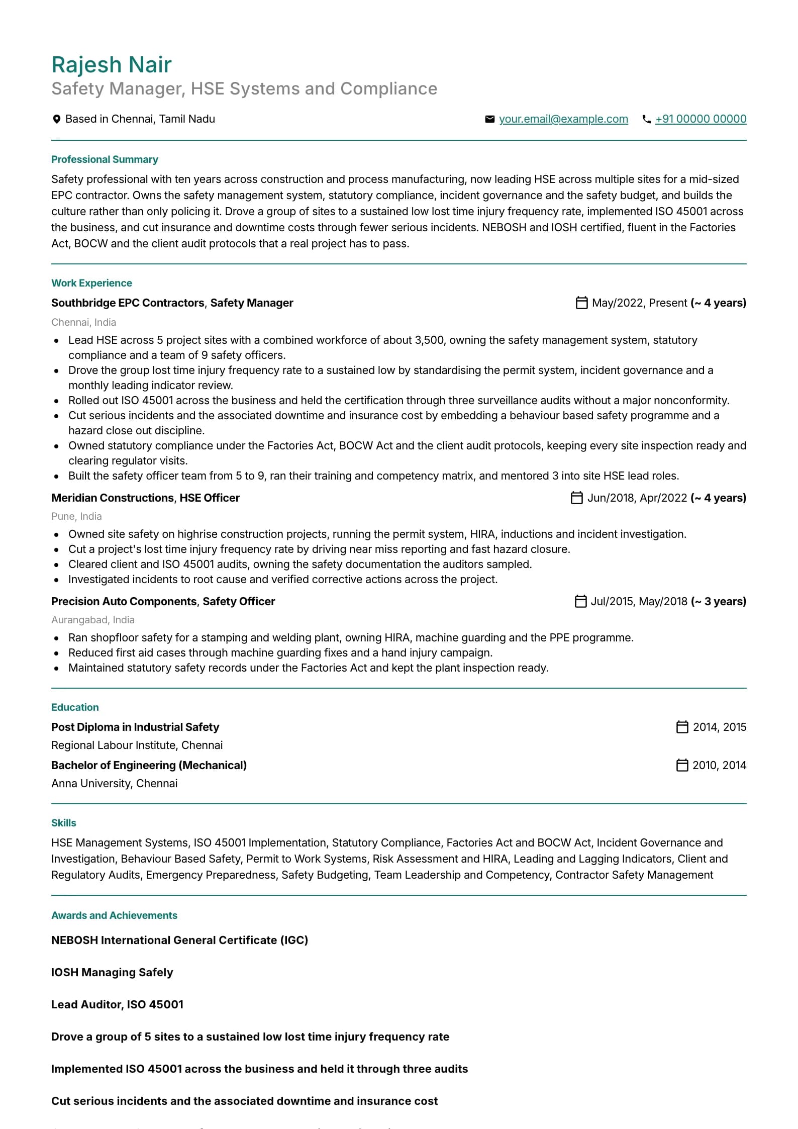 Safety Officer resume example for Senior (10 years), minimalist template, showing professional summary, work experience, skills, education and certifications