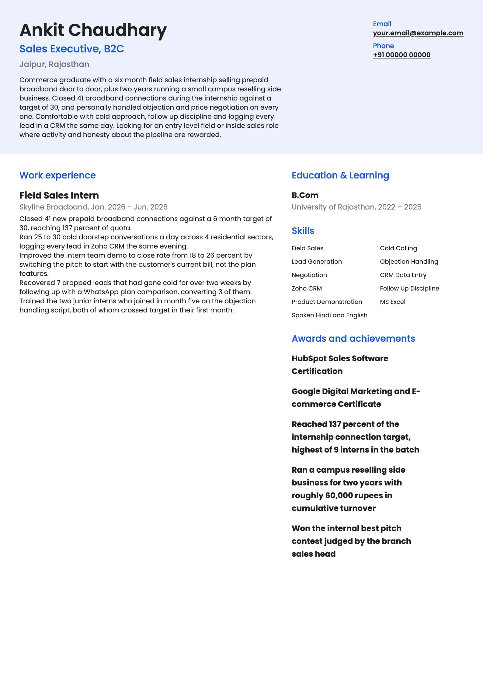 Sales Executive resume example for Fresher (0 years), modern template, showing professional summary, work experience, skills, education and certifications