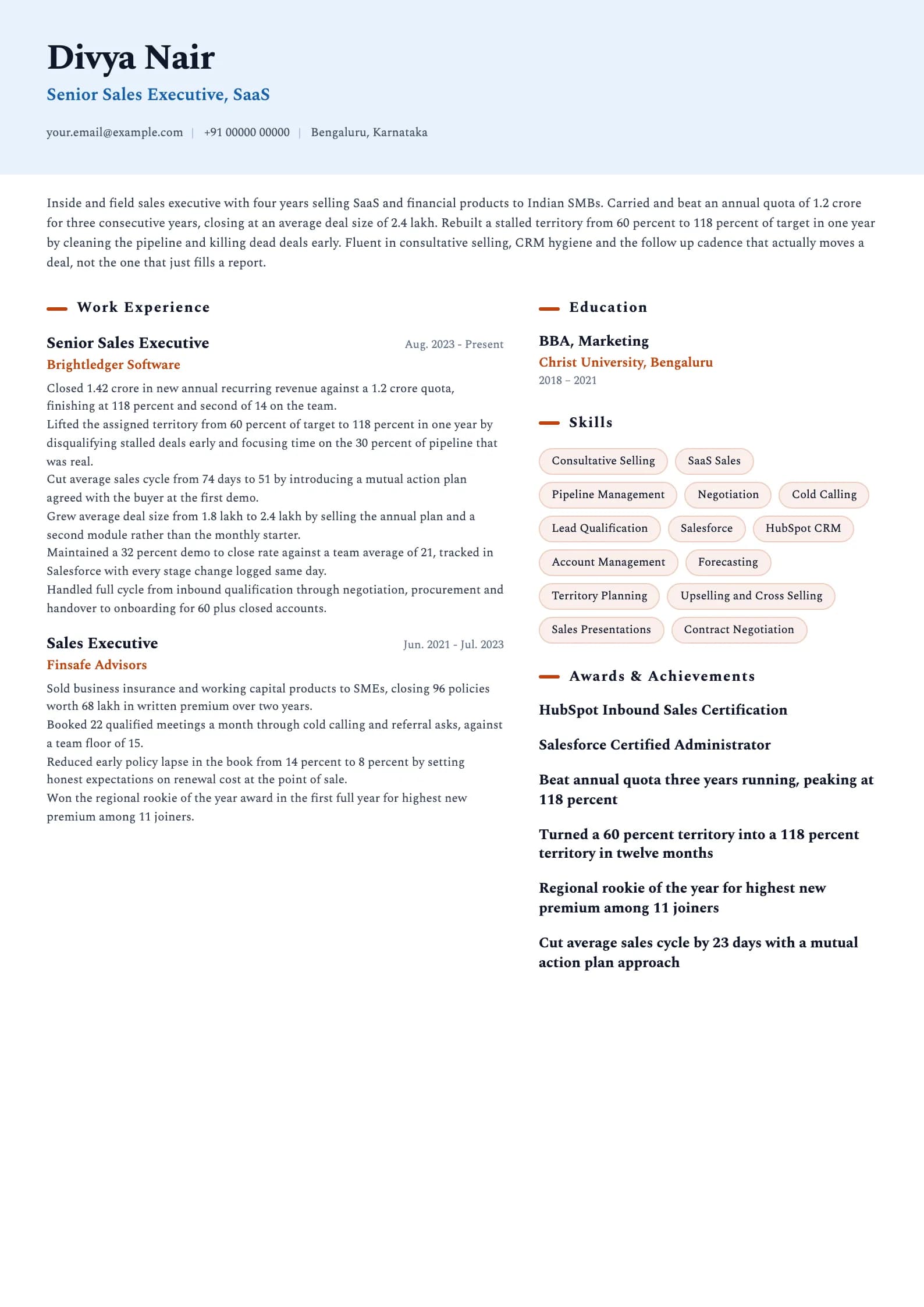 Sales Executive resume example for Mid-level (4 years), ai-era template, showing professional summary, work experience, skills, education and certifications