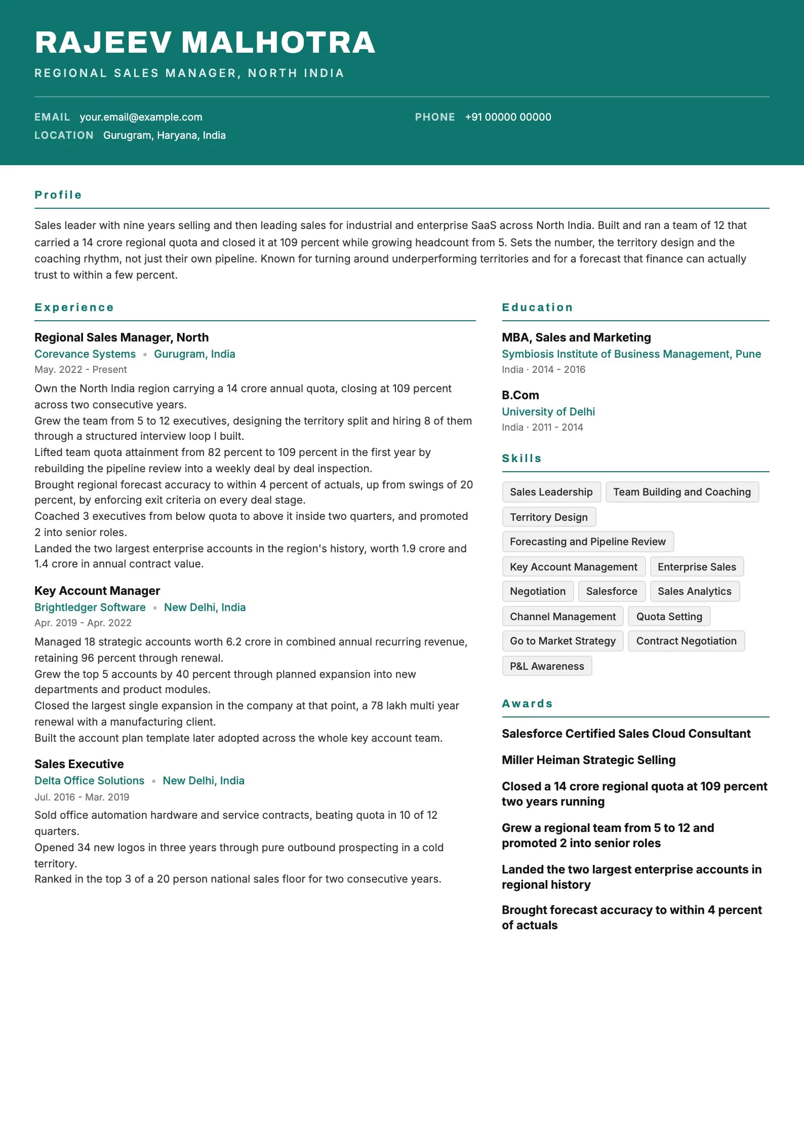 Sales Executive resume example for Senior (9 years), header-band template, showing professional summary, work experience, skills, education and certifications