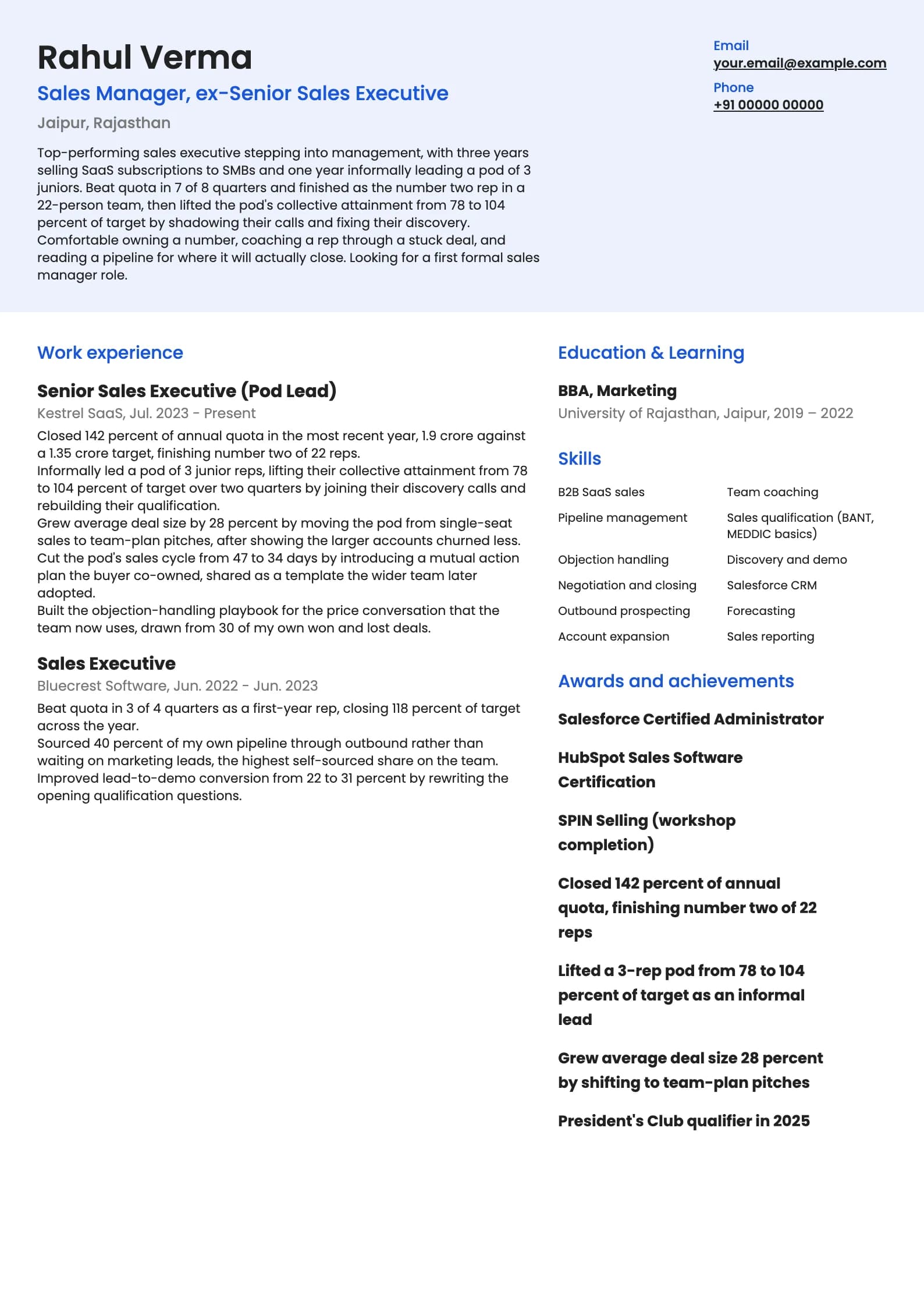Sales Manager resume example for New sales manager (2 to 3 years), modern template, showing professional summary, work experience, skills, education and certifications