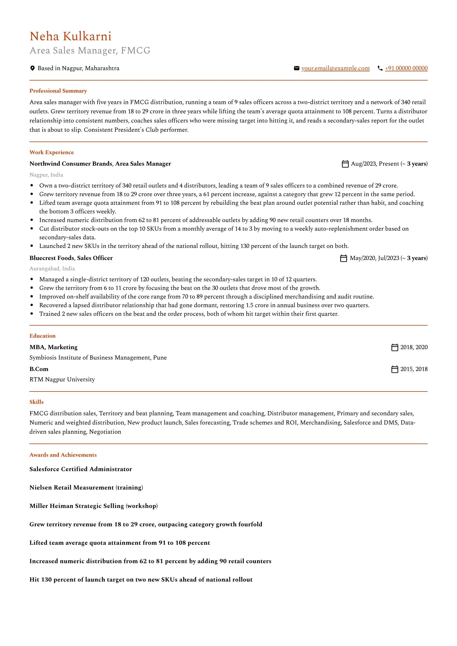 Sales Manager resume example for Mid-level sales manager (5 years), professional template, showing professional summary, work experience, skills, education and certifications