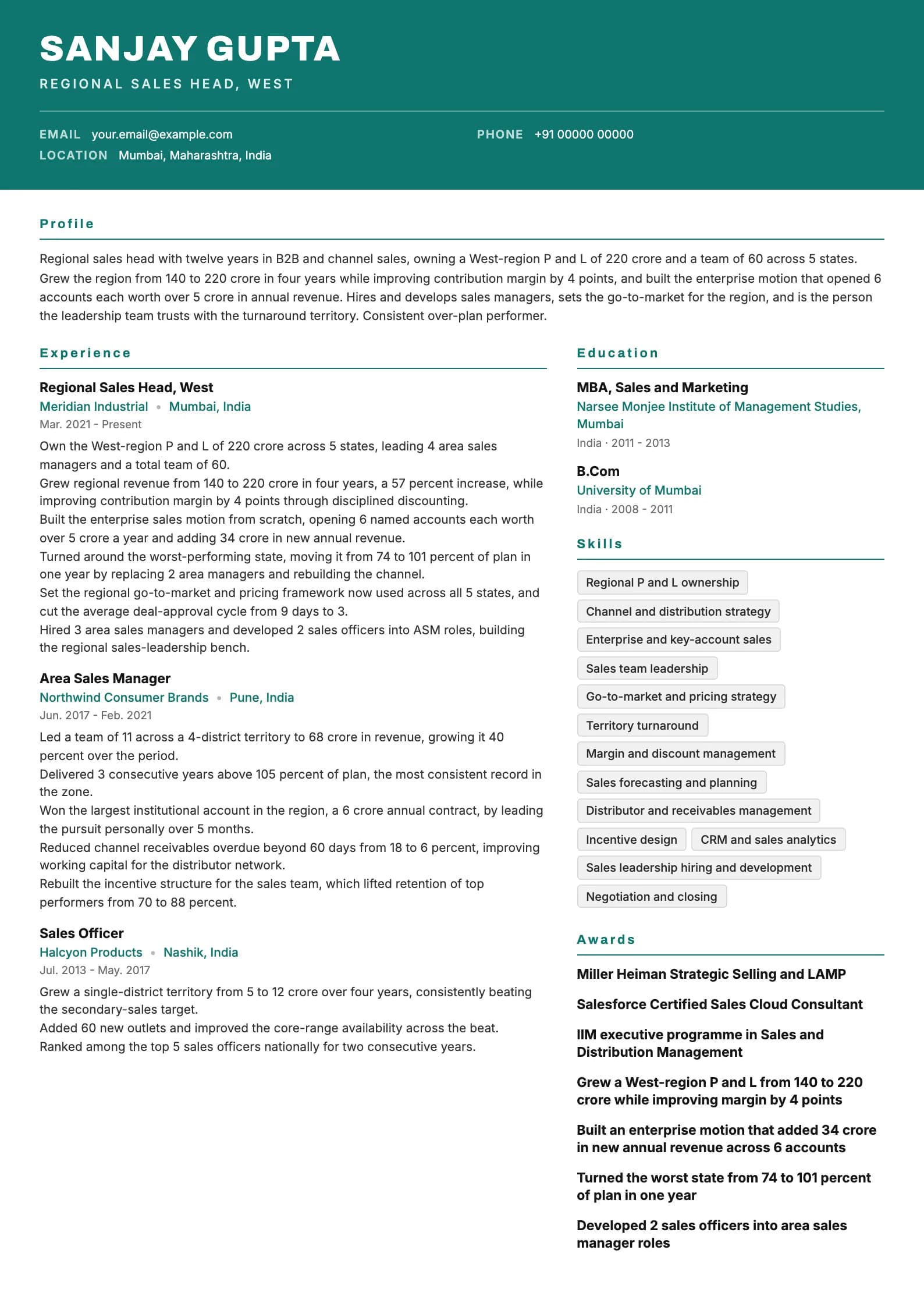 Sales Manager resume example for Senior regional head (12 years), header-band template, showing professional summary, work experience, skills, education and certifications