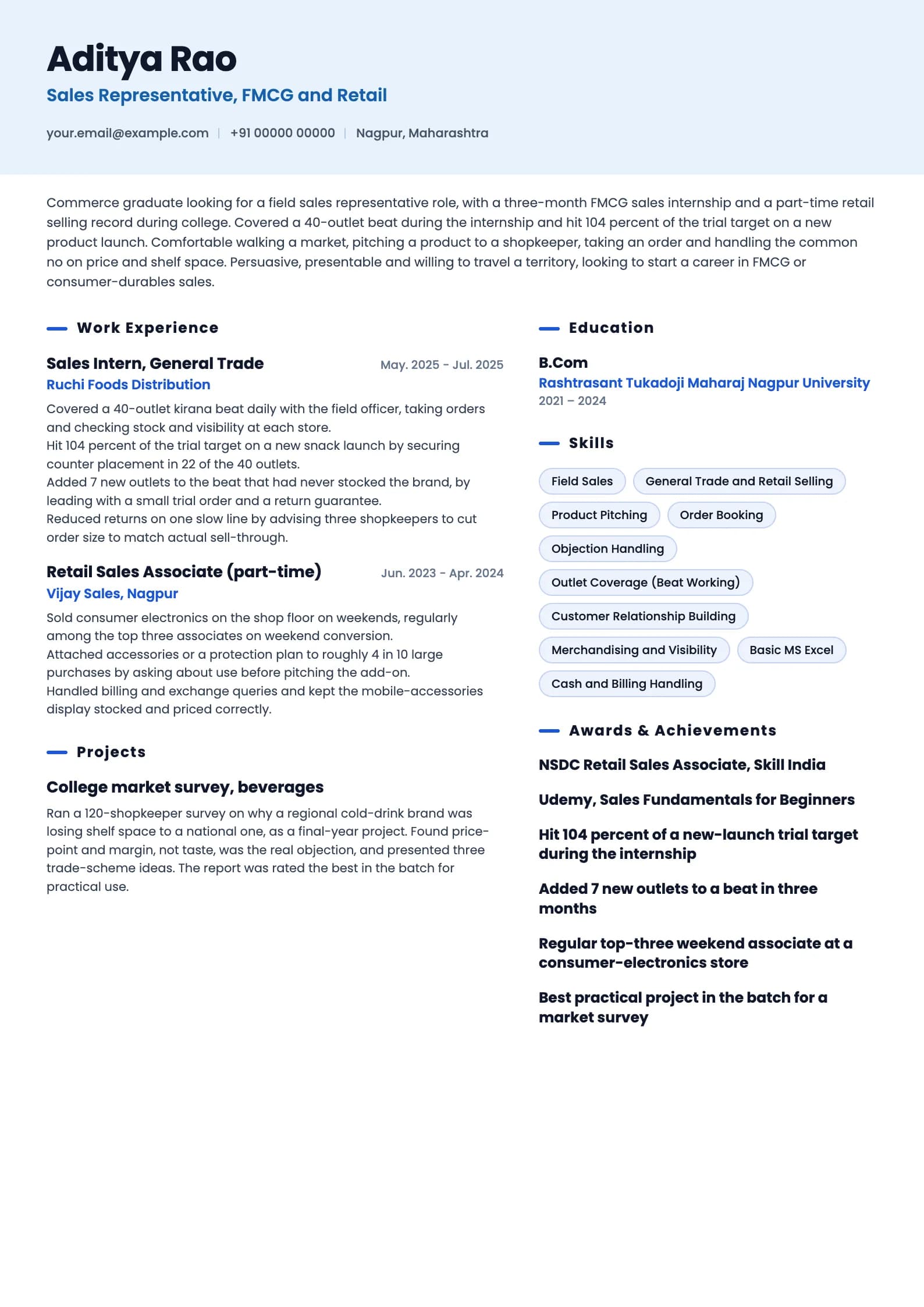 Sales Representative resume example for Fresher (0 years), ai-era template, showing professional summary, work experience, projects, skills, education and certifications
