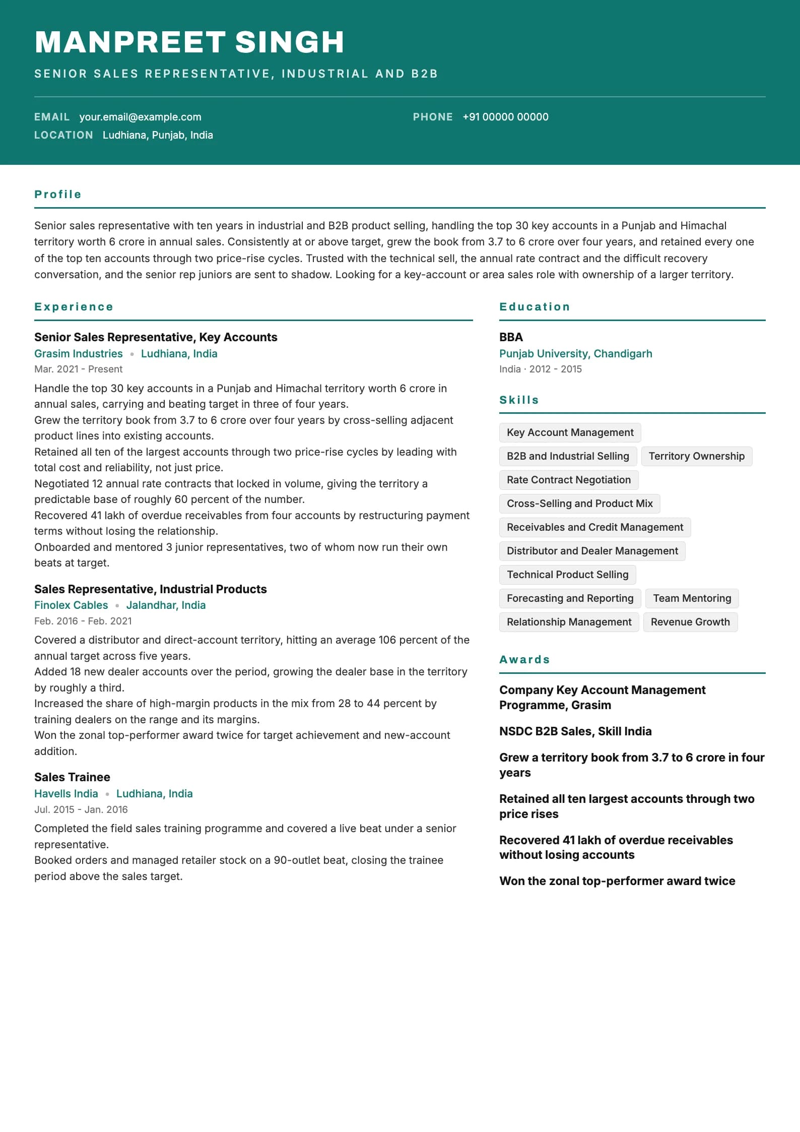 Sales Representative resume example for Senior (10 years), header-band template, showing professional summary, work experience, skills, education and certifications