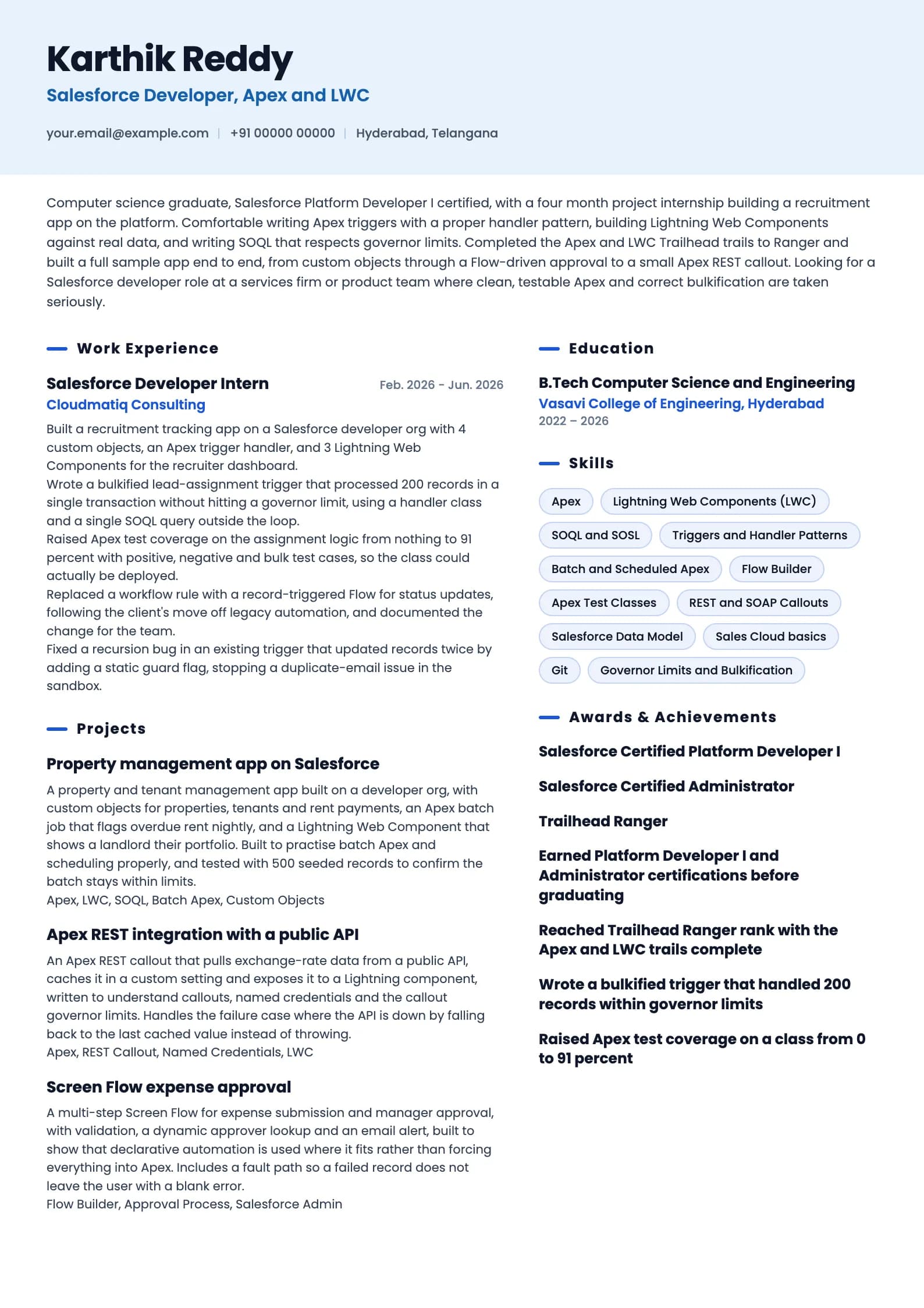 Salesforce Developer resume example for Fresher (0 to 1 year), ai-era template, showing professional summary, work experience, projects, skills, education and certifications