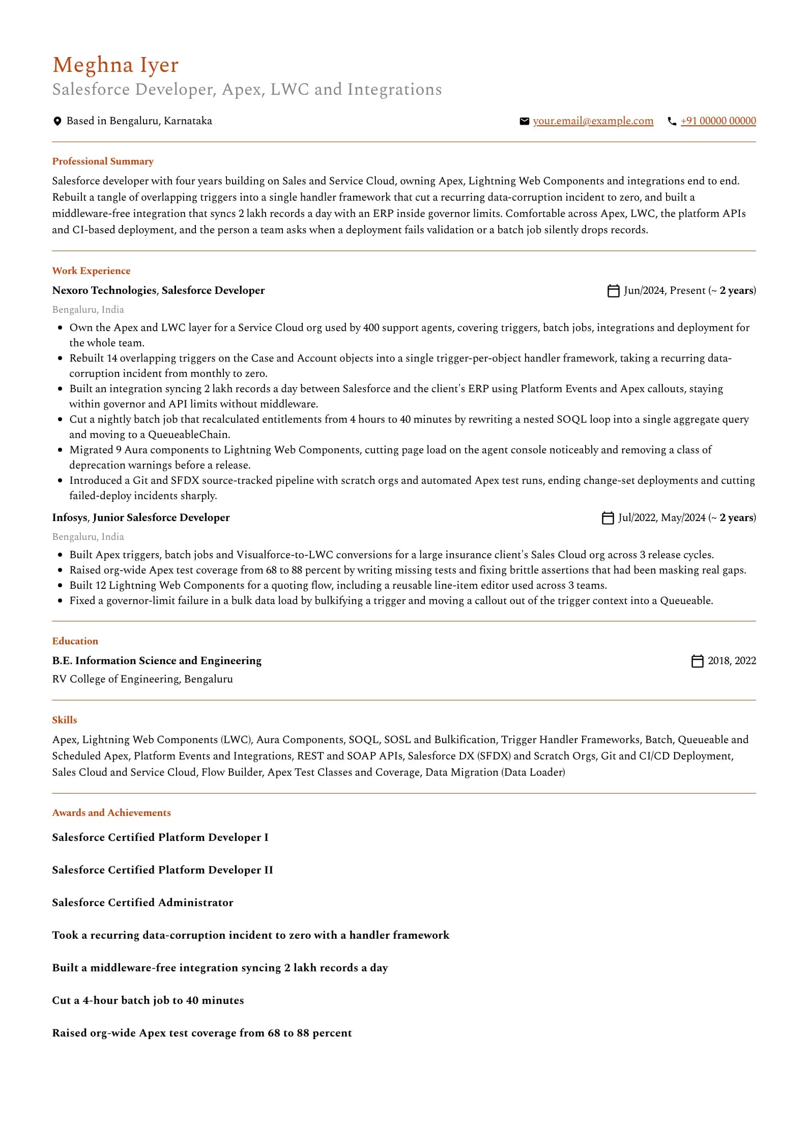 Salesforce Developer resume example for Mid-level (4 years), professional template, showing professional summary, work experience, skills, education and certifications