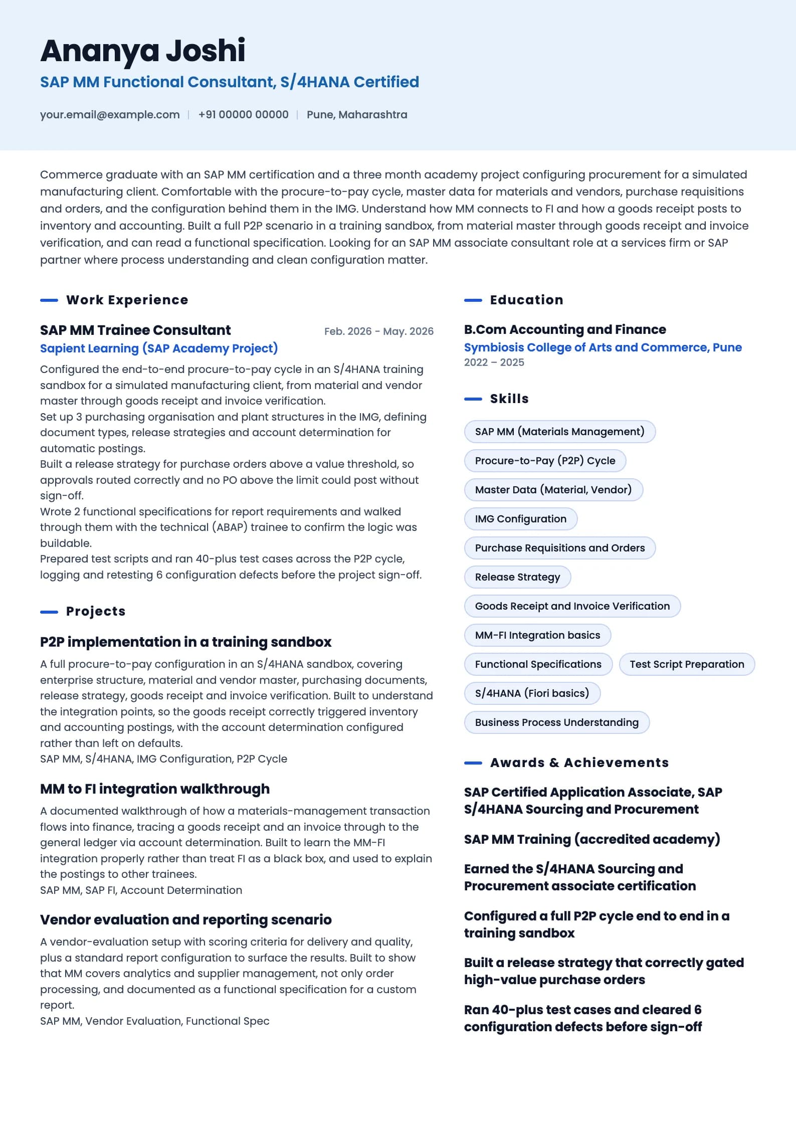 SAP Consultant resume example for Fresher (0 to 1 year), ai-era template, showing professional summary, work experience, projects, skills, education and certifications