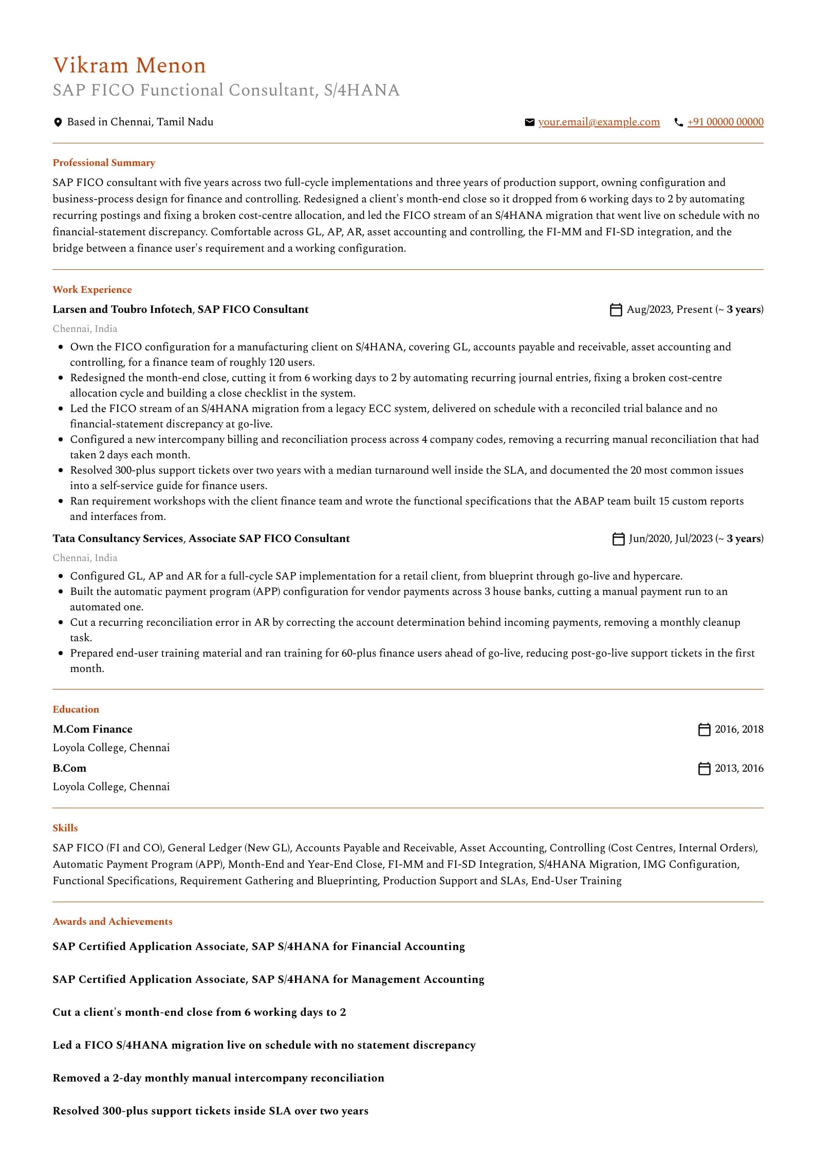 SAP Consultant resume example for Functional Consultant (5 years), professional template, showing professional summary, work experience, skills, education and certifications
